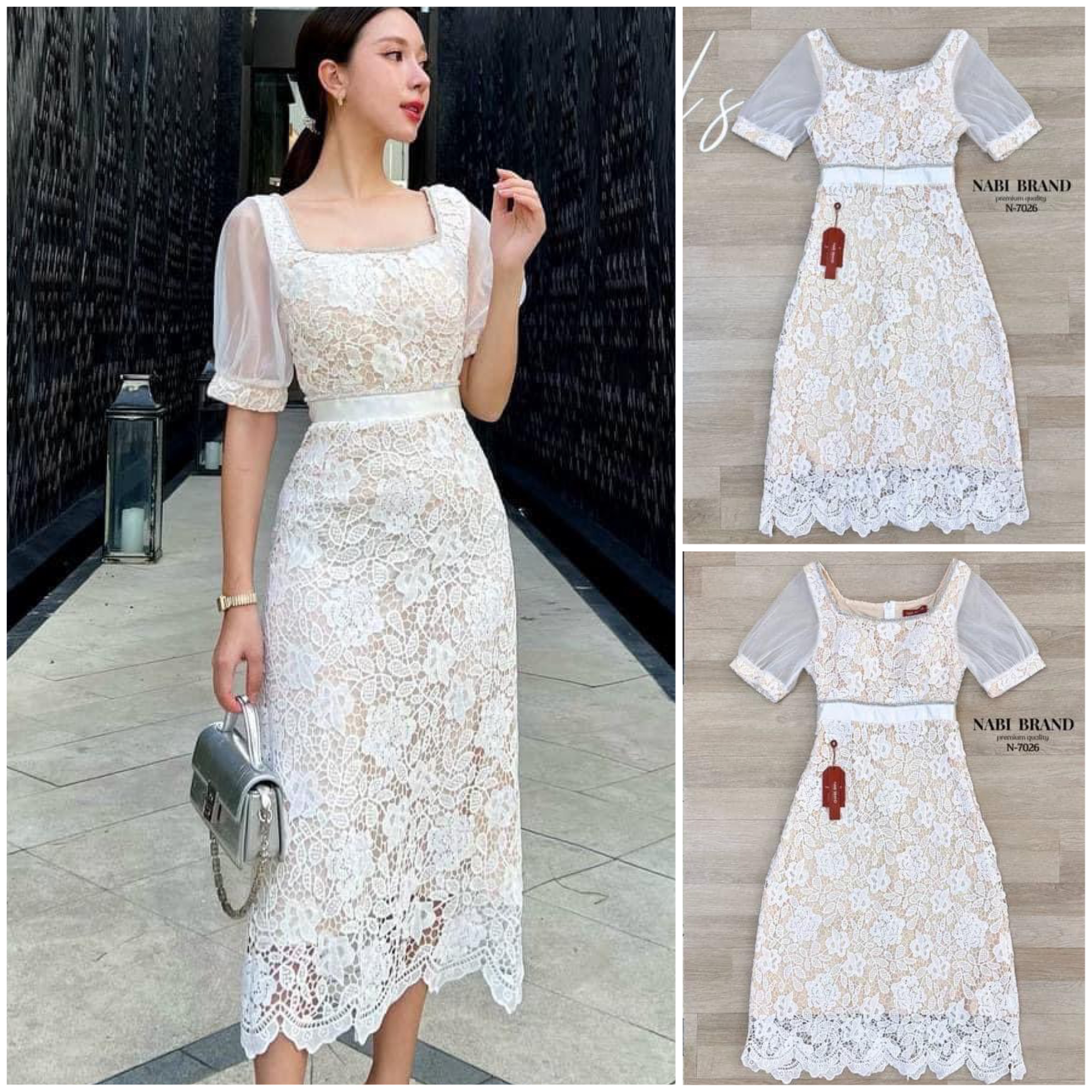 Dress ลูกไม้ แขนสั้น ซับในสีครีม ดีไซน์สวยหรู ลุคผู้ดี ใส่สบาย สินค้าคุณภาพ (พร้อมส่ง)