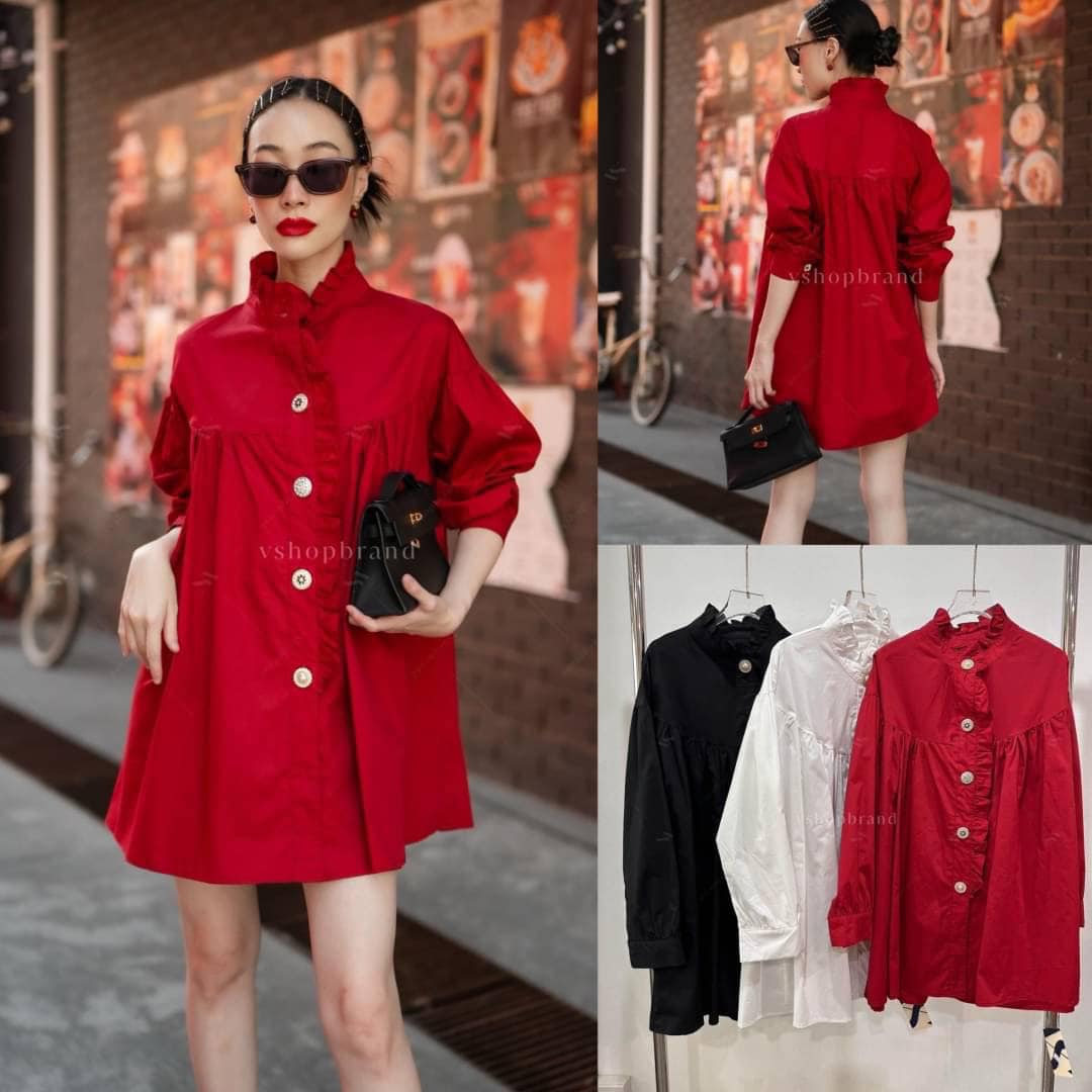 เชิ้ตคอระบายกระดุมเพชร ทรงสวย ใส่สบาย : สินค้าคุณภาพ (พร้อมส่ง)