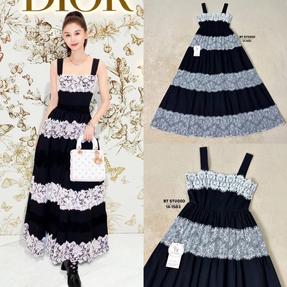 เดรสยาวสายเดี่ยวดีเทลแต่งระบายลูกไม้สลับสีดำเป็นชั้น ๆ งานสวยเนื้อผ้าดี งานลูกไม้สีขาวสวยหรู ใช้เนื้อผ้าเยอะมาก งานสวยเนื้อผ้าดีมีซับใน ใส่สบาย : สินค้าคุณภาพ (พร้อมส่ง)