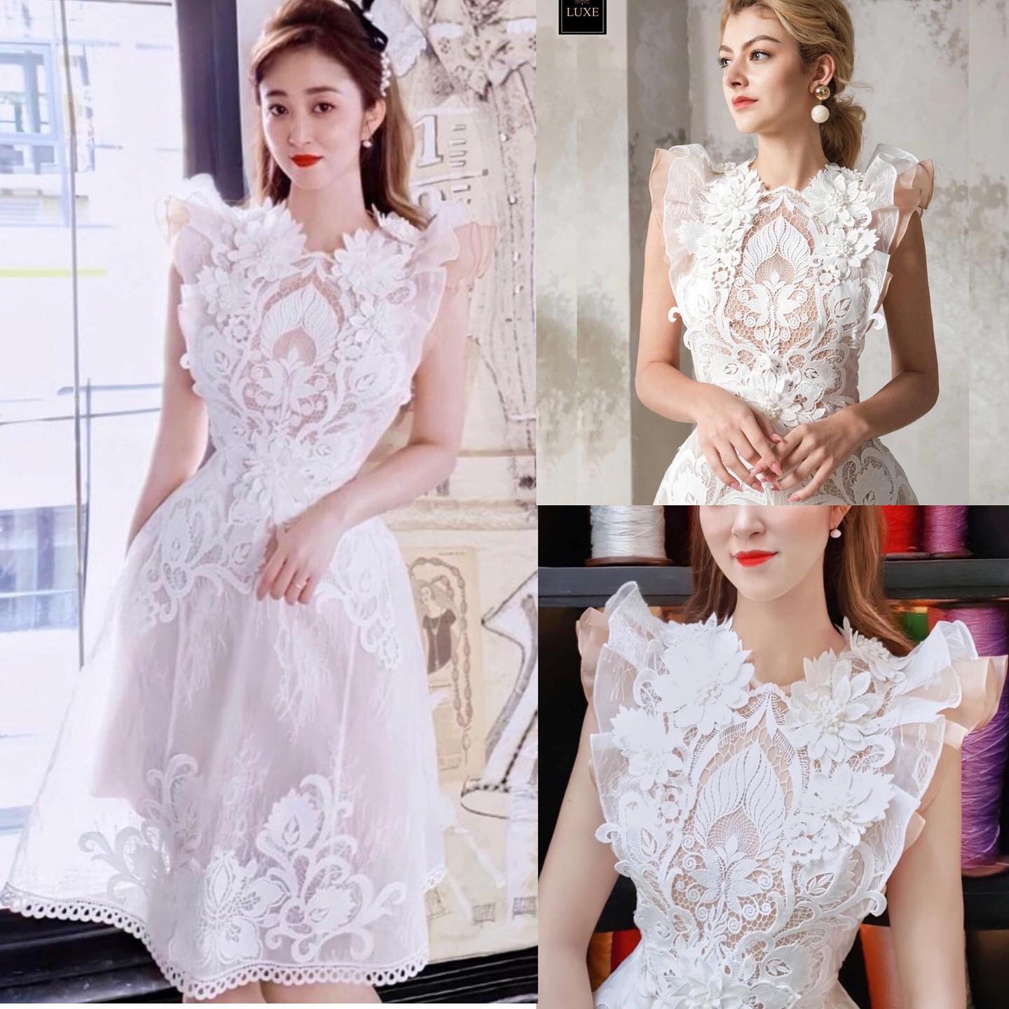 เดรสเสื้อคอกลมแขนกุด ระบายไหล่ กระโปรงบานทรงเอ แพทเทิร์นสวย คัตติ้งประณีต ทำจากผ้าลูกไม้โครเชต์ แต่งดอกไม้ ในตัว ทอลายสวยคมชัด มีซิปซ่อนและซับในอย่างดีค่ะ สินค้าคุณภาพ (พร้อมส่ง)