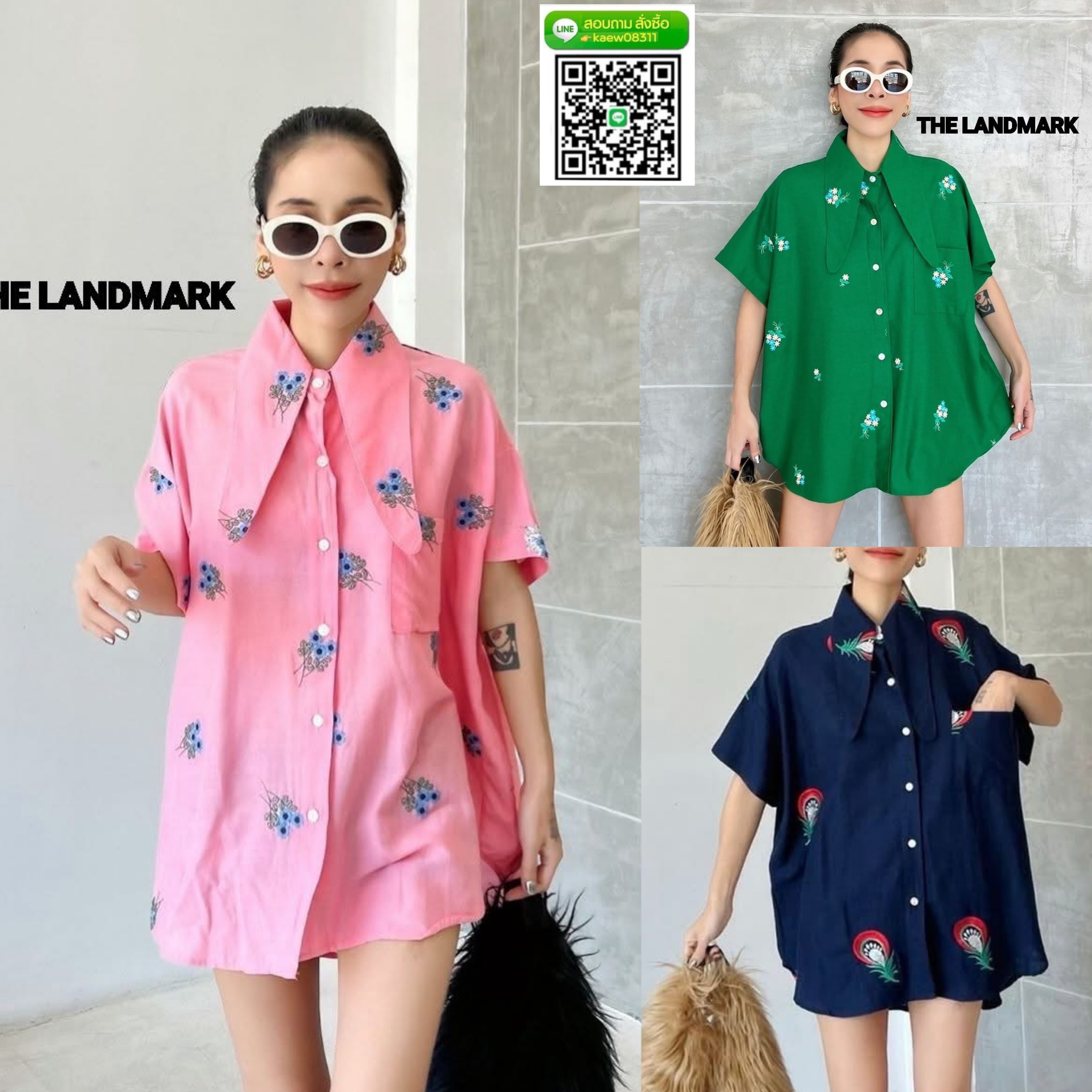 เชิ้ตผ้าฝ้าย ปักลายในตัว กระดุม ผ่าหน้า ชายโค้ง กระเป๋าอก หน้าสั้น~หลังยาว ☆ลายปักคิ้วท์ๆมินิมอล ใส่สบาย : สินค้าคุณภาพ (พร้อมส่ง)