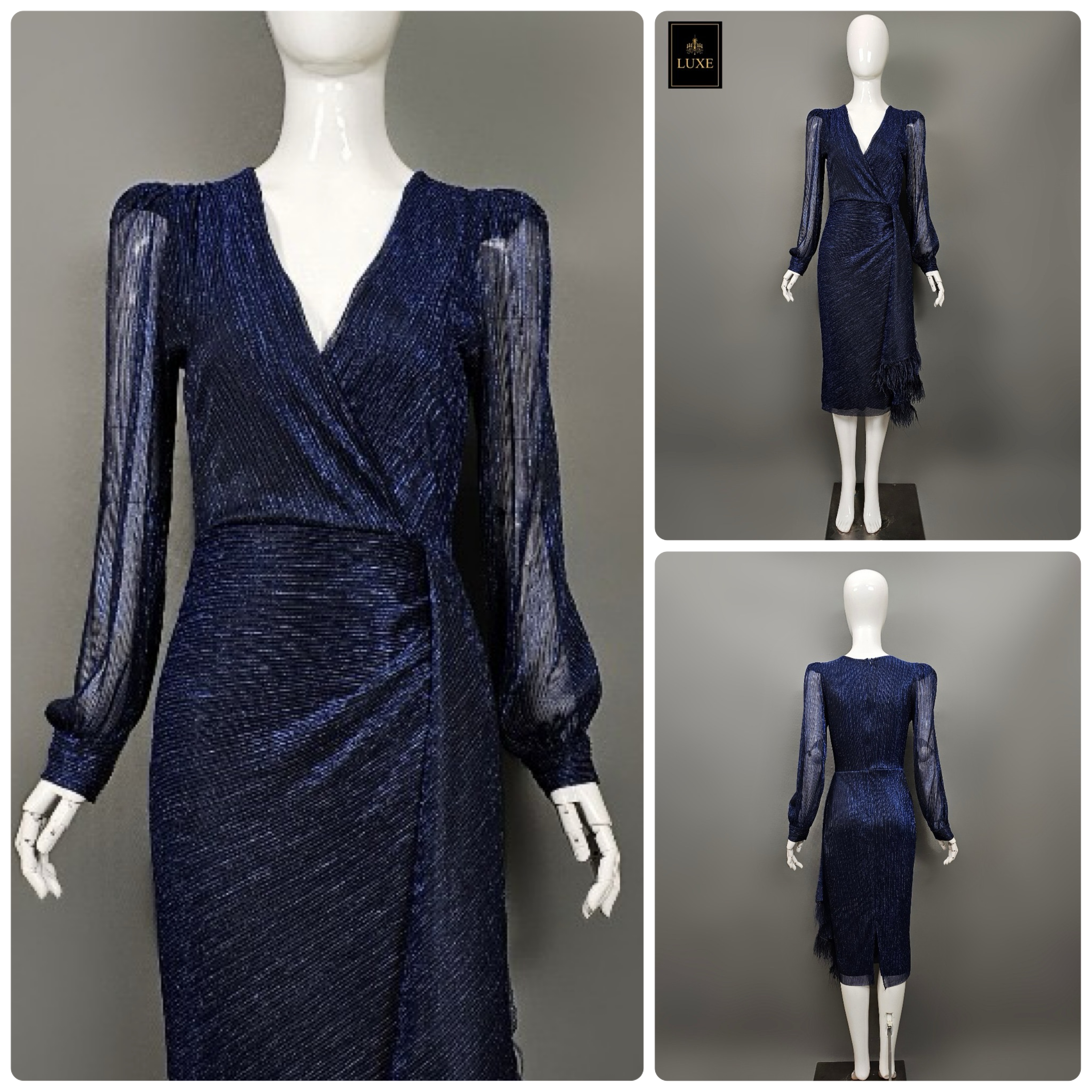 เดรสเสื้อคอวีป้ายแขนยาว กระโปรงทรงสอบ จับเดรปข้างลำตัว ดีเทลแต่งชายระบายขนนก สินค้าคุณภาพ (พร้อมส่ง)