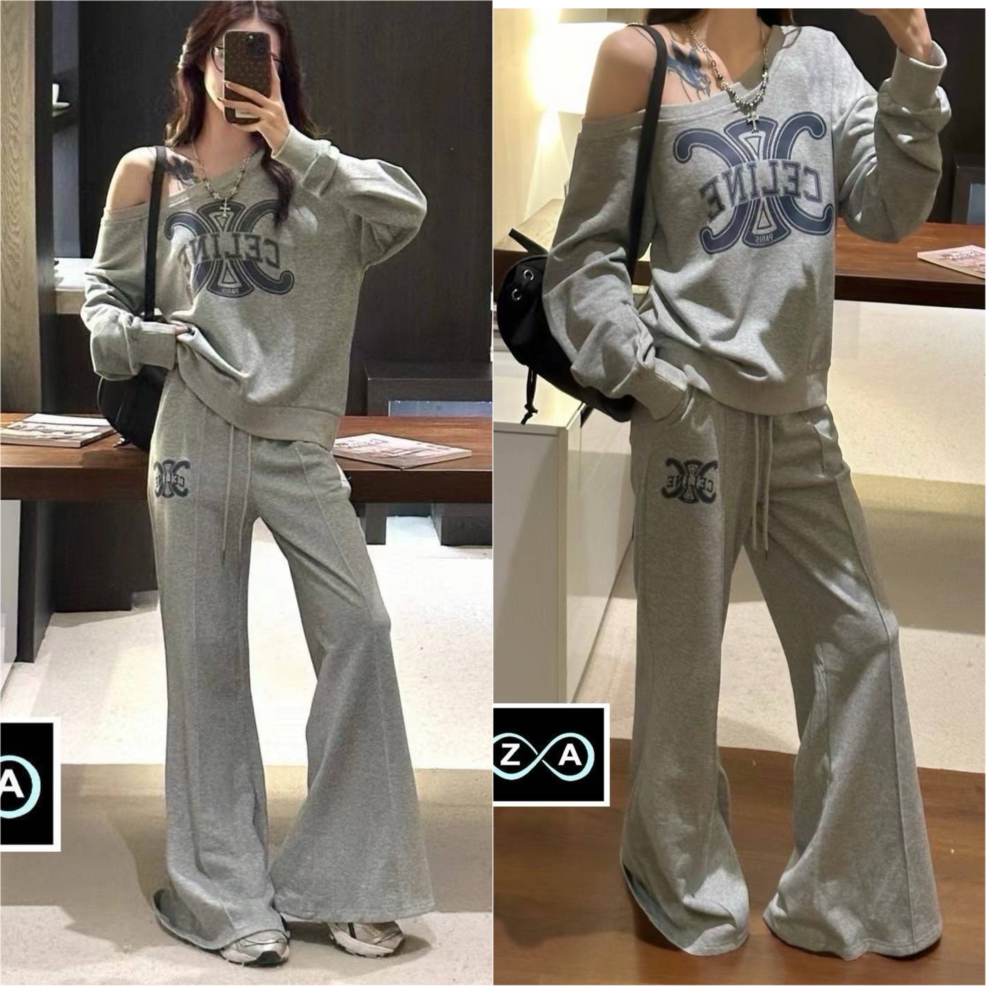 ชุดเซต เสื้อสเวตเตอร์ ปาดไหล่ ลายLogo สวยเกร๋ เข้าชุดกางเกง ทรงสวย ผ้าใส่สบาย งานสวยไฮเอ็น ใส่สบาย : สินค้าคุณภาพ (พร้อมส่ง)