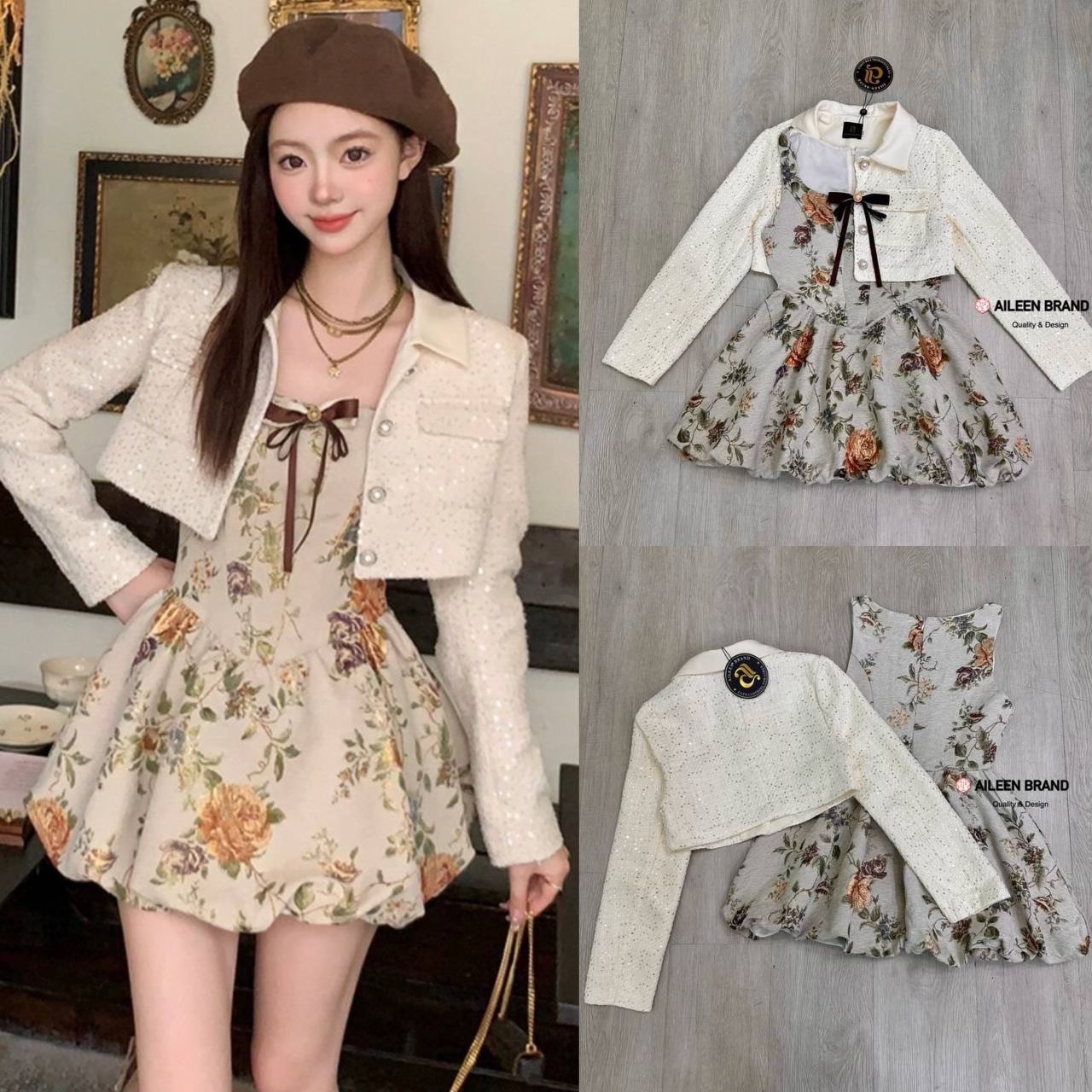 Set 2 ชิ้น มินิเดรสเนื้อผ้าทอพิมพ์ลายดอกไม้ ช่วงบนเข้ารูป สวย ช่วงกระโปรง จับจีบย่นทรงฟักทองน่ารักสุด ๆ +เสื้อคลุมผ้า กลิตเตอร์คอปกแขนยาวตัวสั้น ใส่สบาย สินค้าคุณภาพ (พร้อมส่ง)