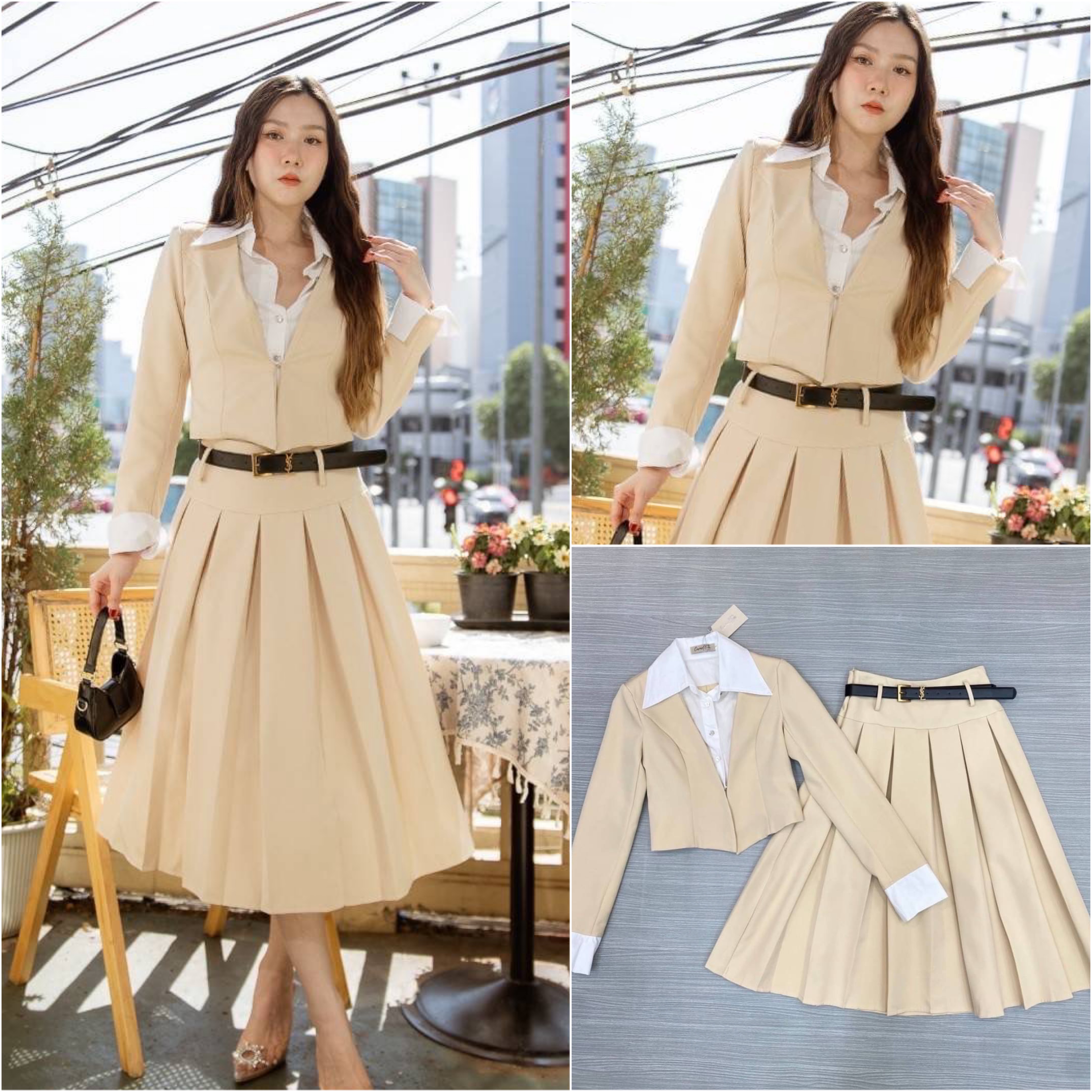 Set4 ชิ้น เสื้อเชิ๊ต2 โทนปกเชิ๊ต + กระโปรงจีบ รอบ + เข็มขัด + เข็มกลัด เข้าชุด สวยลงตัวมาก ใส่สบาย : สินค้าคุณภาพ (พร้อมส่ง)