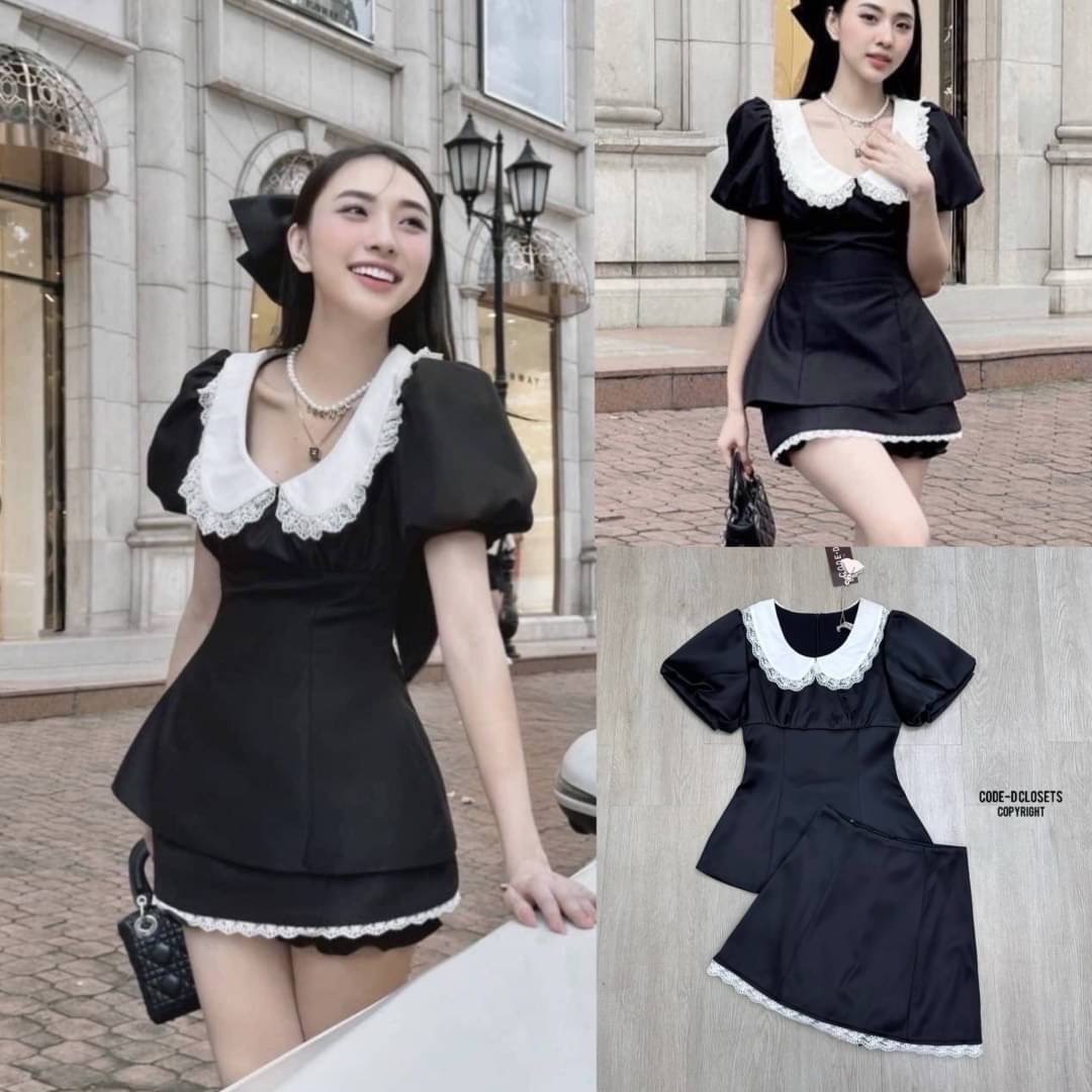 Set 2 ชิ้น สีดำ เสื้อตัวยาวแขนตุ๊กตา แต่งปกคอบัวสีขาวตัดขอบตัวผ้าลูกไม้ +กระโปรงสั้นซิปด้านหลัง (ด้านในเป็นกางเกงขาจั้ม) สินค้าคุณภาพ (พร้อมส่ง)