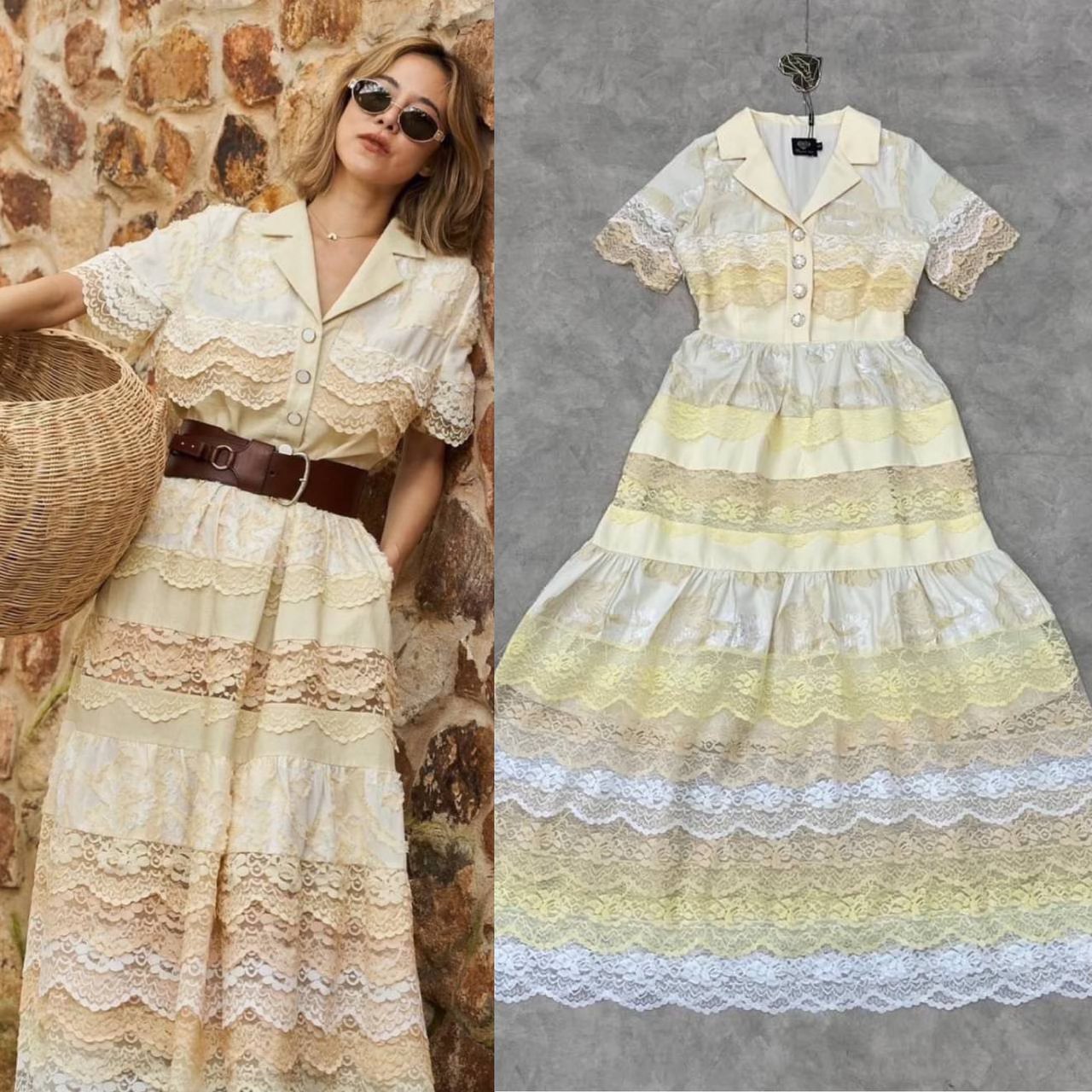 เดรสลูกไม้ฉลุสีครีมตัวยาวทรงหางปลา กระโปรงบาน ใส่สบาย สินค้าคุณภาพ (พร้อมส่ง)