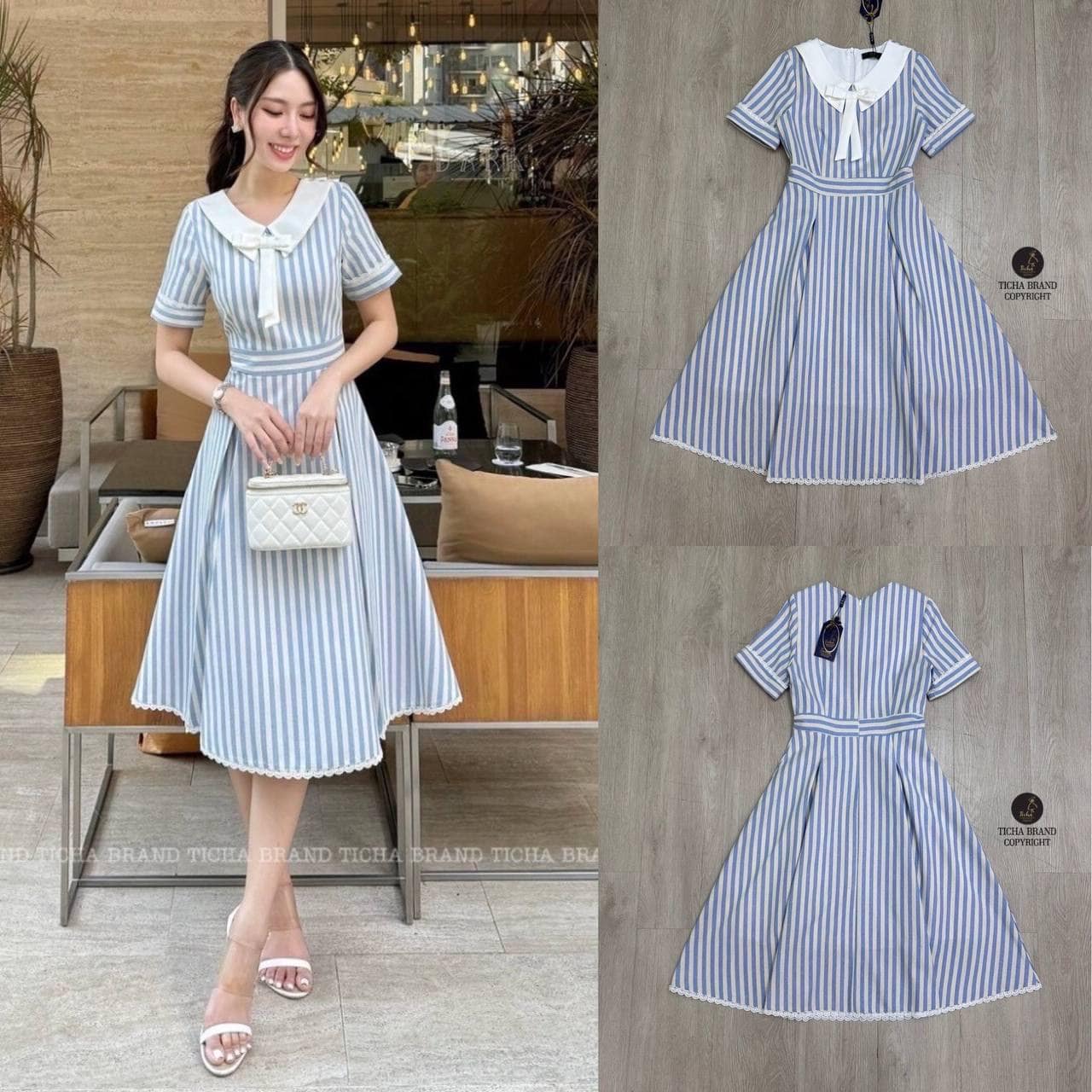 มินิเดรสแขนสั้นสีฟ้าลายทาง ดีเทลแต่งปกขาวและเย็บติดโบว์ขาวที่อก น่ารักมากๆ ช่วงกระโปรงจับจับใหญ่ให้ทรงสวย ใส่สบาย : สินค้าคุณภาพ (พร้อมส่ง)