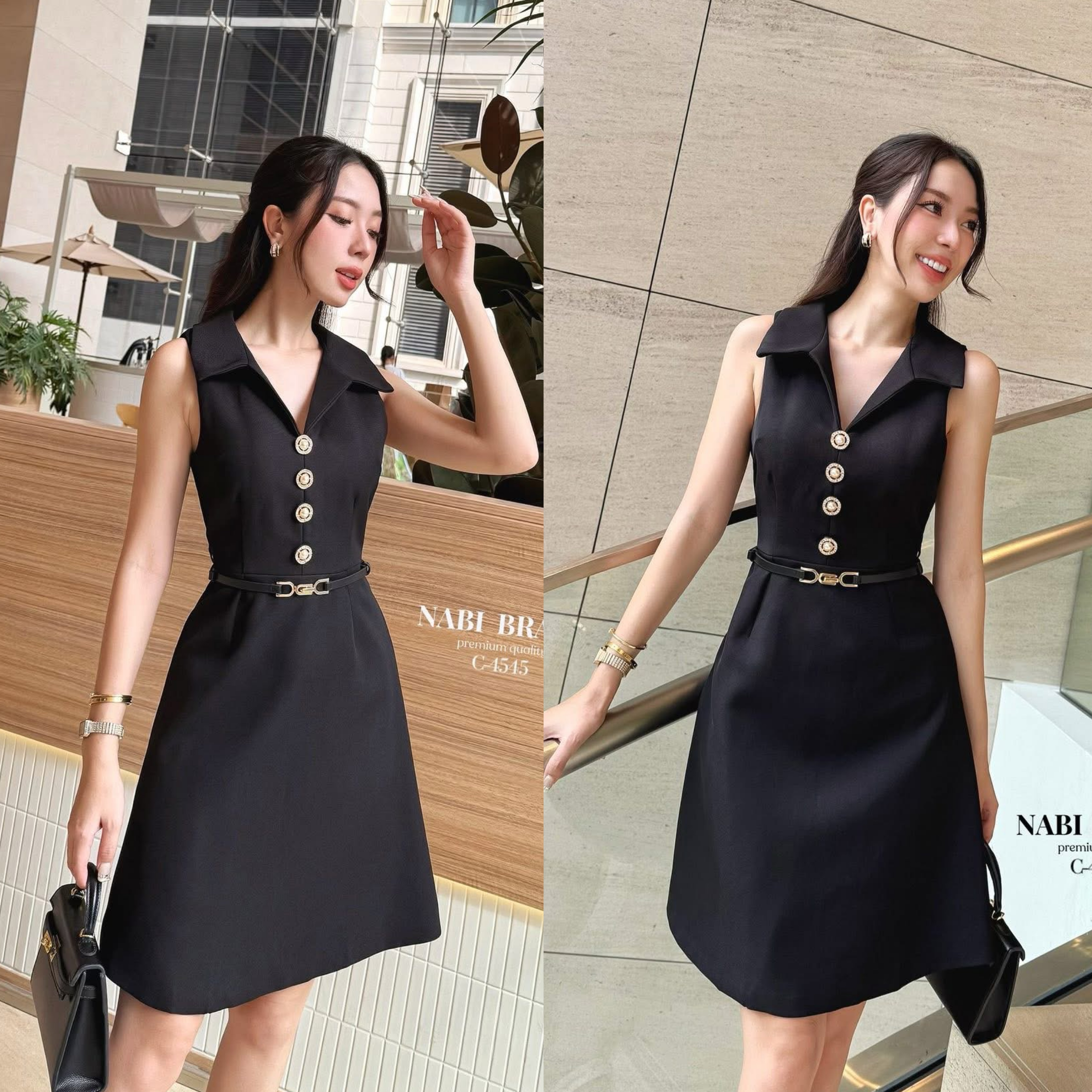 เดรสสูทแขนกุดคอปก สีดำ ผ้าหนาเกรดดี แต่งกระดุมหน้าไข่มุก ชุดมีซับในและเสริมฟองน้ำ งานสวมซิบหลัง มาพร้อมกับเข็มขัดหนังสีด ใส่สบาย : สินค้าคุณภาพ (พร้อมส่ง)