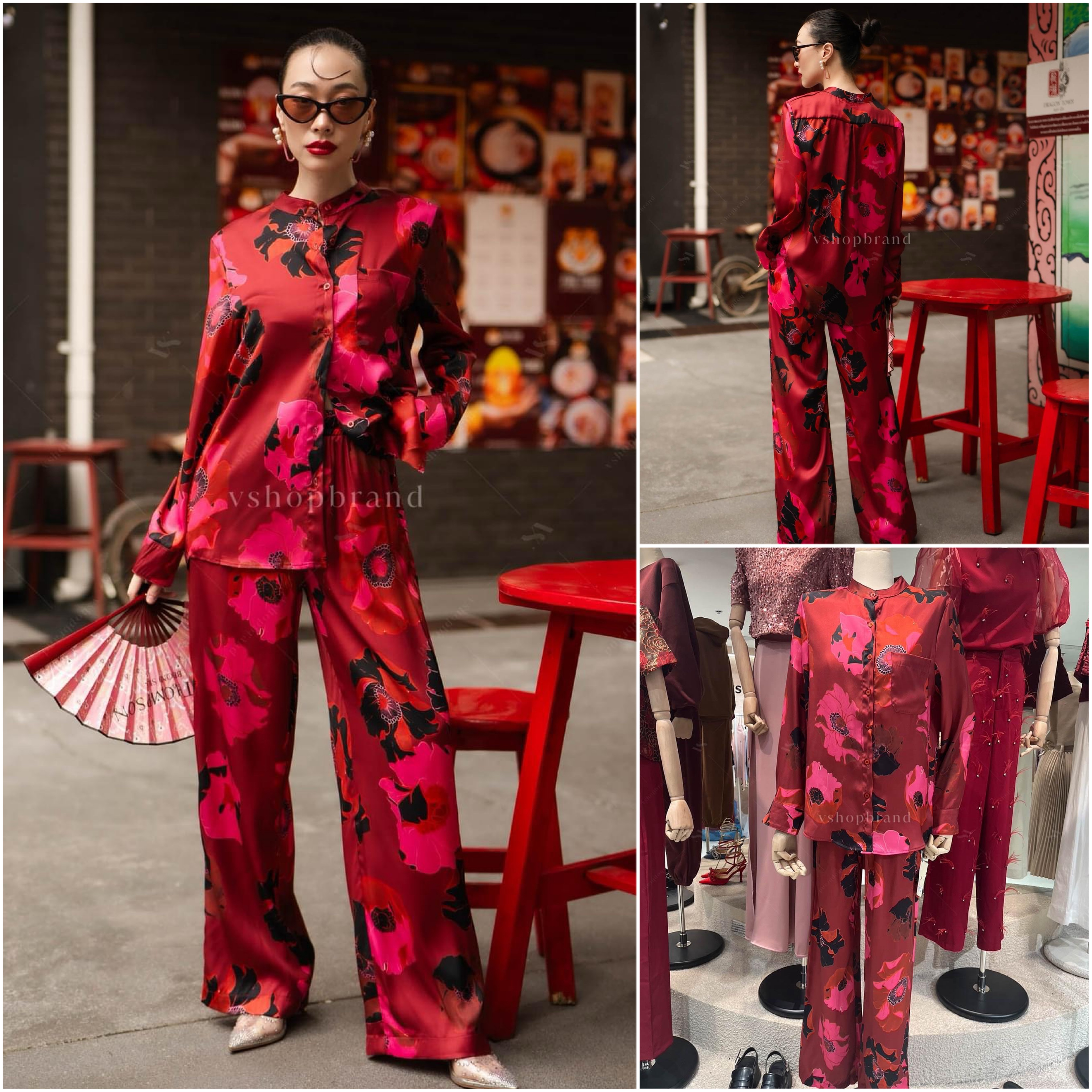 Set เสื้อเชิ้ตคอปีน ลายดอกโบตั๋น + กางเกงขายาว ต้อนรับตรุษจีน สินค้าคุณภาพ (พร้อมส่ง)