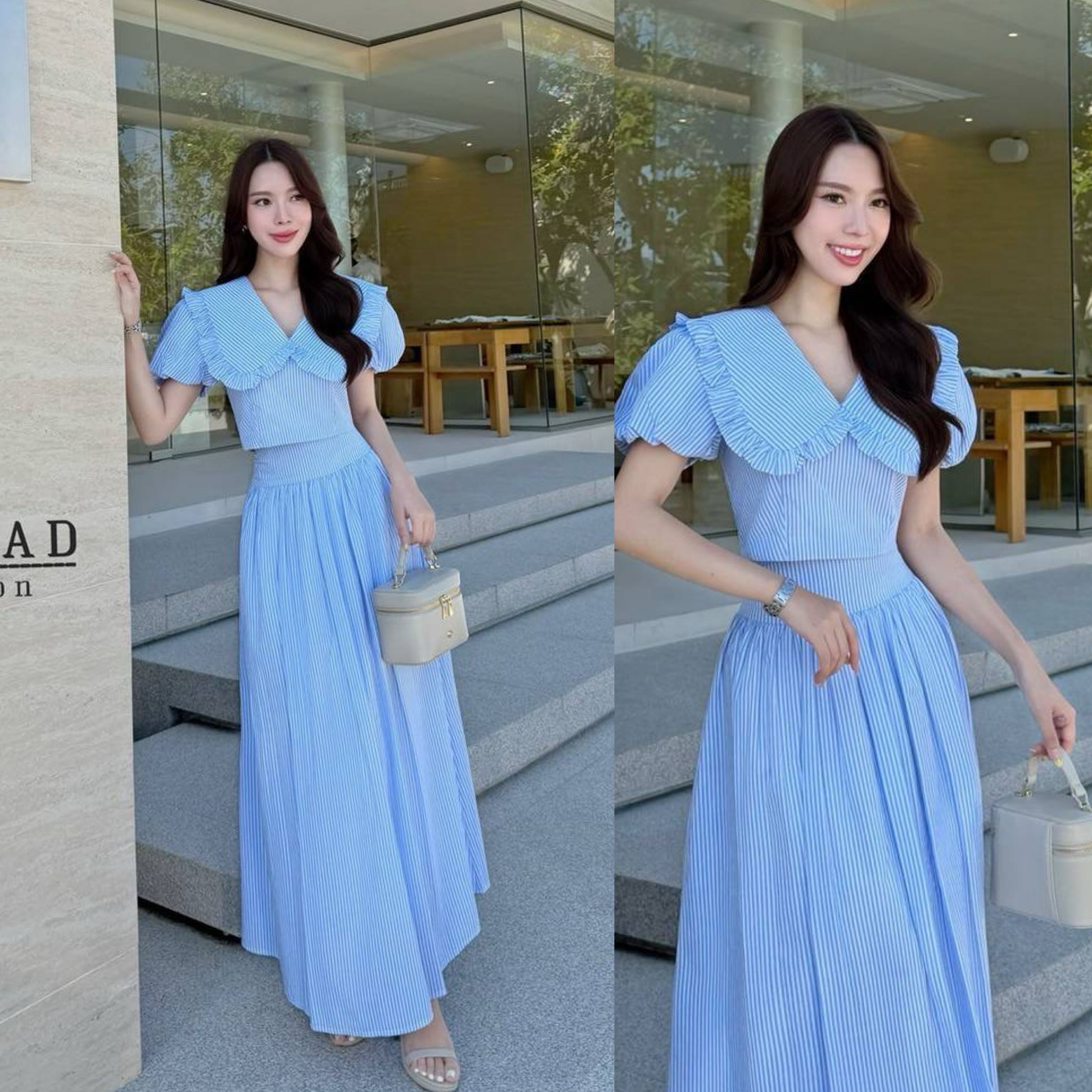 Set เสื้อคอปกแขนตุ๊กตาซิปหลัง มาพร้อมกับกระโปรงเอวสูงจับจีบเล็กน้อย ซับในทั้งชุด ใส่สบาย : สินค้าคุณภาพ (พร้อมส่ง)
