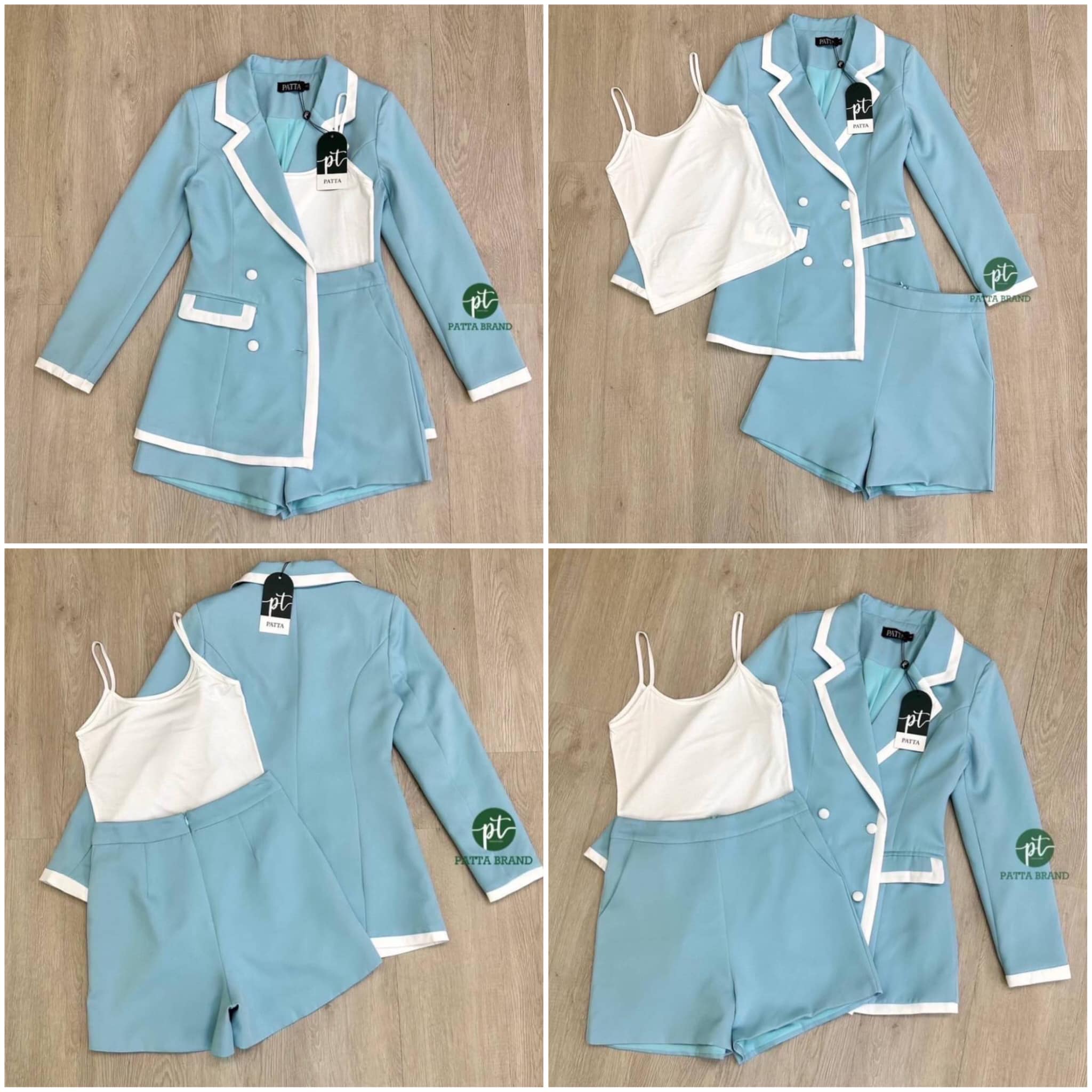 เซ็ต 3 ชิ้น เสื้อสูทแขนยาวสีฟ้าเย็บกุ๊น ขอบสีขาว มาพร้อมเสื้อยืดสีขาว สายเดี่ยว แมทช์คู่กับกางเกงขาสั้นเอวสูงงานซิป ด้านหลัง สินค้าคุณภาพ (พร้อมส่ง)
