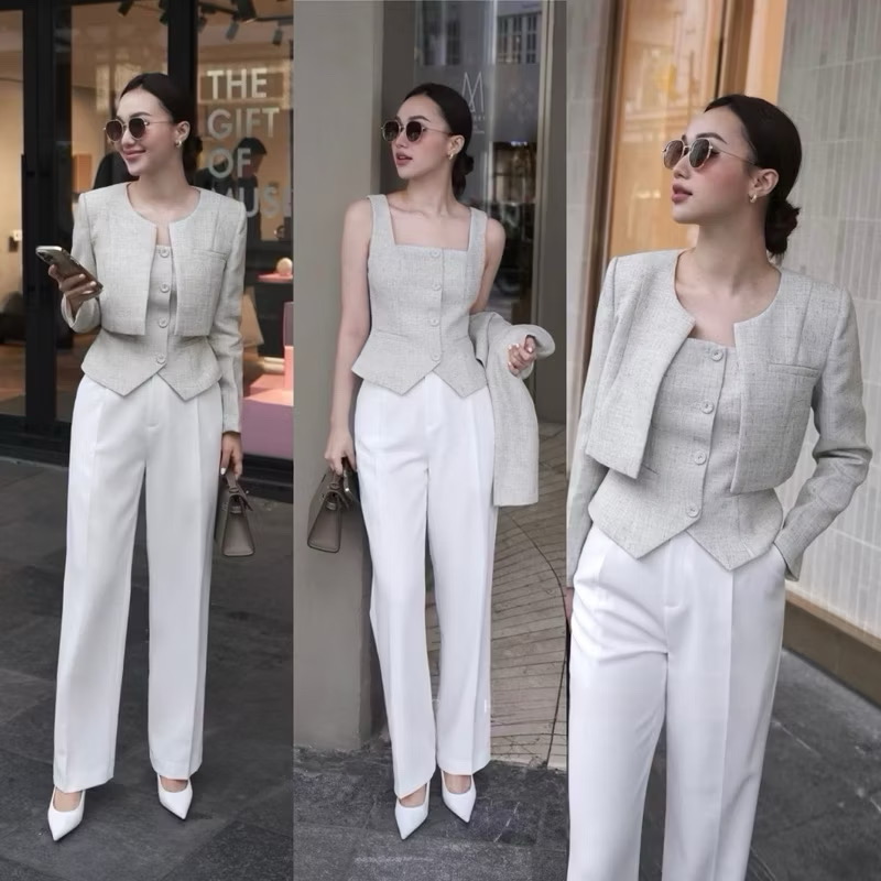 Set3ชิ้น เสื้อคลุมแขนยาวตัวสั้น ไม่มีกระดุมผ้าทอเส้นเล็กสีเทา และมาพร้อมเสื้อแขนกุดทรงกั๊กตัวในมีกระดุมหน้า ผ้าเดียวกันกับเสื้อคลุมใส่แม๊ทช์คู่กันลงตัวมากๆ และมาคู่กางเกงขายาวสีขาว ทรงกระบอกทรงสวย ใส่สบาย : สินค้าคุณภาพ (พร้อมส่ง)