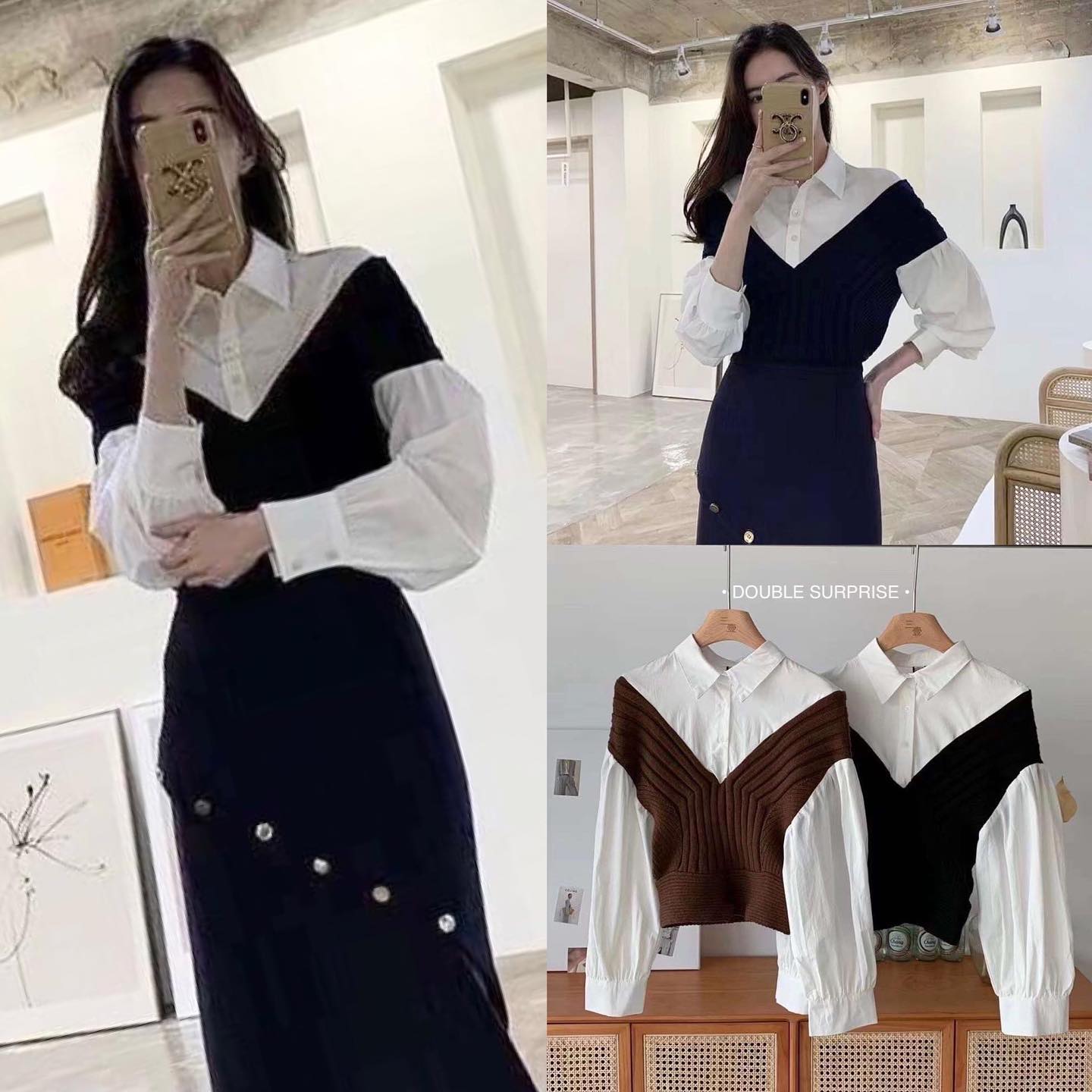 เสื้อแขนยาวคอเชิ้ต ช่วงคอและแขน ช่วงตัวต่อผ้าไหมพรมทอลายสวยเนื้อนุ่ม เข้ารูป ยืดตามตัว : สินค้าคุณภาพ (พร้อมส่ง)