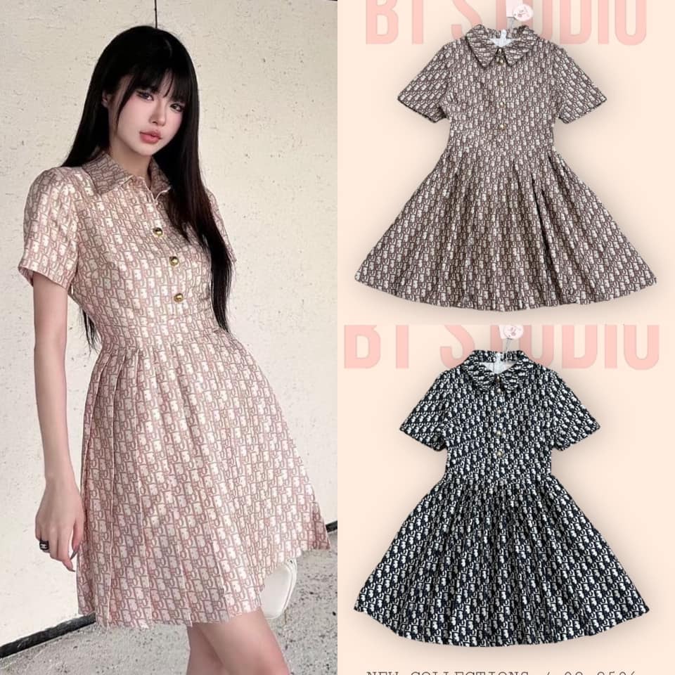 เดรสเชิ้ตคอปกแขนสั้น กระดุมหน้า เนื้อผ้าทอลายแบรนด์ทั้งตัว ใส่สบาย สินค้าคุณภาพ (พร้อมส่ง)