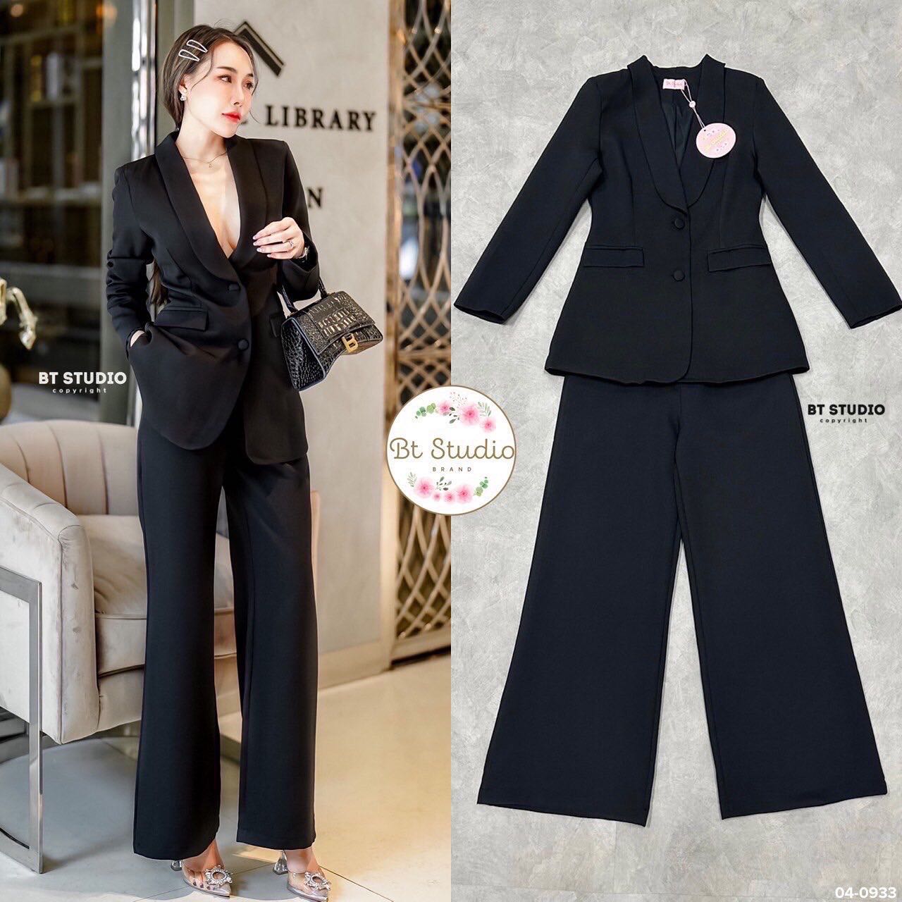 เซท 2 ชิ้น เสื้อเบเซอร์กึ่งมินิเดรส แขนยาวคอปก แต่งกระดุม 2 เม็ด กระเป๋า ใช้งานได้จริง แมทซ์กับกางเกงขายาว : สินค้าคุณภาพ (พร้อมส่ง)