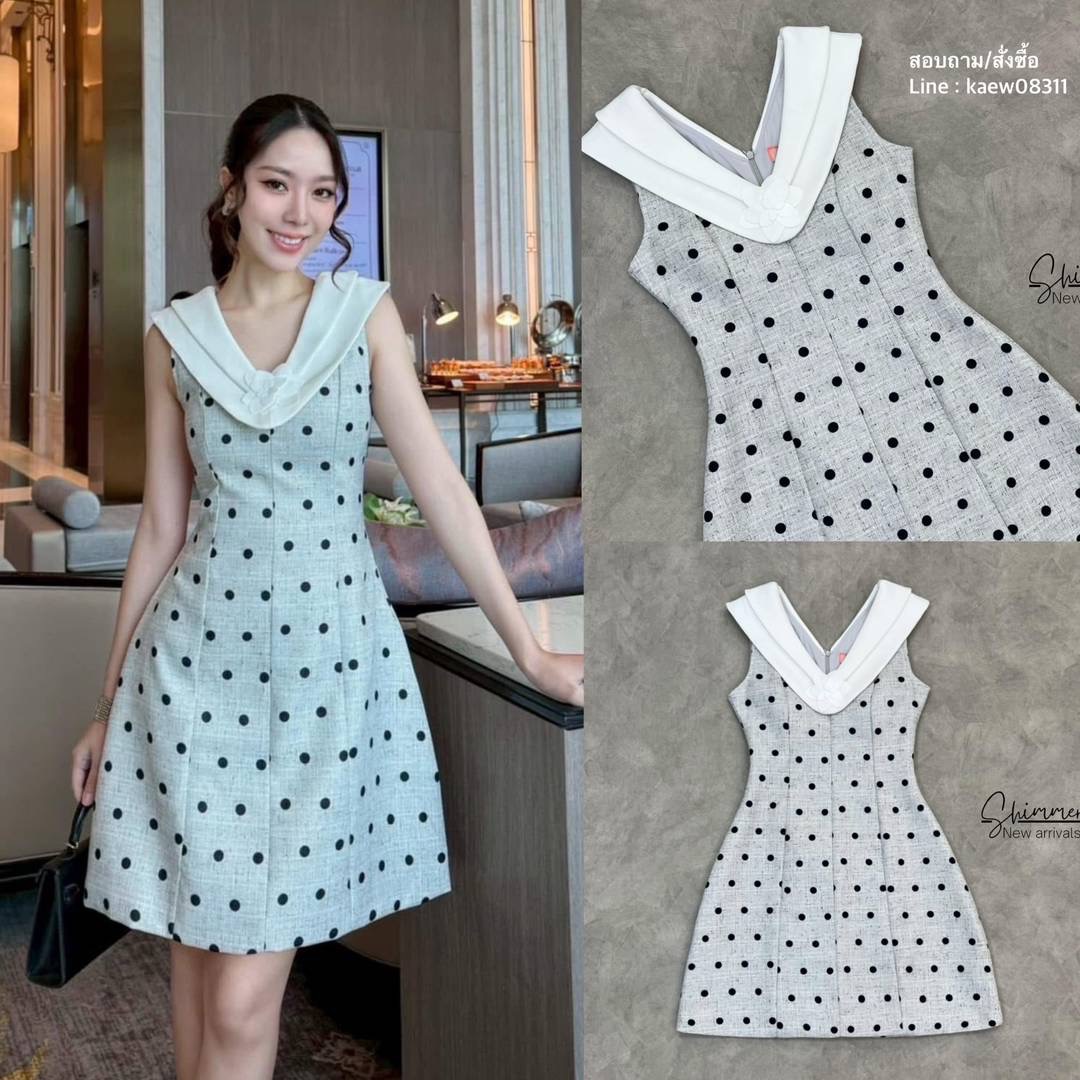 มินิเดรสดีไซน์สวยน่ารัก เนื้อผ้าทวีดลายพอลก้าดอท แพทเทิร์นสวยเข้ารูป ใส่สบาย : สินค้าคุณภาพ (พร้อมส่ง)