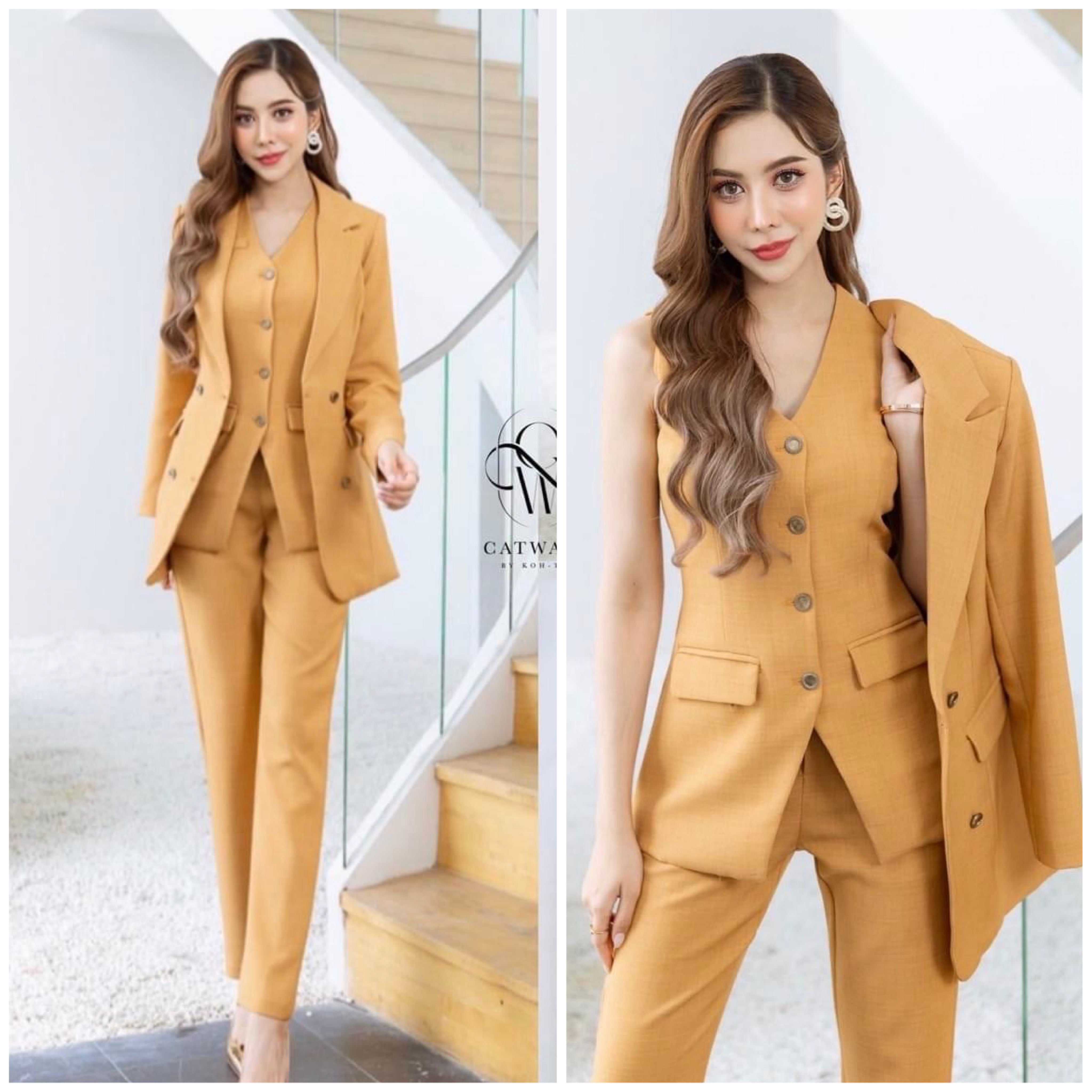 เซตBLAZER3ชิ้น ตัว BLAZER เป็นทรงเข้ารูป +เสื้อกั๊กครอปแขนกุด ทรงเข้ารูปคอวีใส่ไว้ด้านใน+กางเกงทรงขากระบอกเล็ก งานผ้าเกรดเอ เนื้อผ้ามีลายทอในตัว ใส่สบาย สินค้าคุณภาพ (พร้อมส่ง)