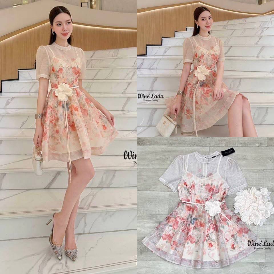 มินิเดรส เดรสสั้นผ้าพิมพ์ลาย มีสายเชือกผูกเอวและเข็มกลัดดอกไม้ เพิ่มความลัคซู ใส่ได้หลายลุค ใส่สบาย : สินค้าคุณภาพ (พร้อมส่ง)