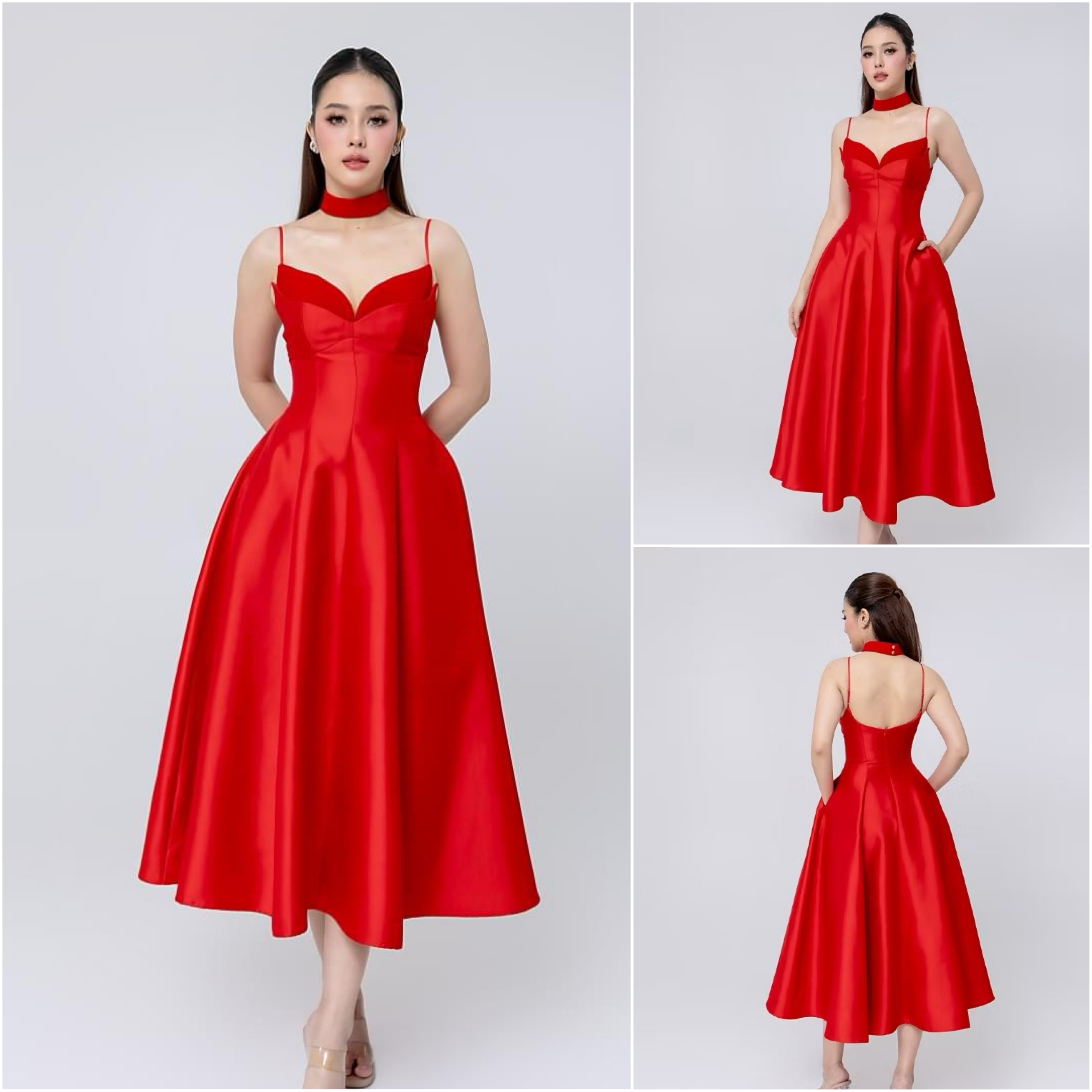 เดรสเสื้อสายเดี่ยว ดีเทลหน้าอกโค้ง ซ้อน2เลเยอร์ กระโปรงบานทรงวงกลม ทำจากผ้าไหมดัตเชสเนื้อดี ผ้ามีน้ำหนัก มีซิปซ่อนและซับในอย่างดี แพตเทิร์นเก็บทรงสวย คัตติ้งประณีตมากค่ะ ใส่สบาย : สินค้าคุณภาพ (พร้อมส่ง)