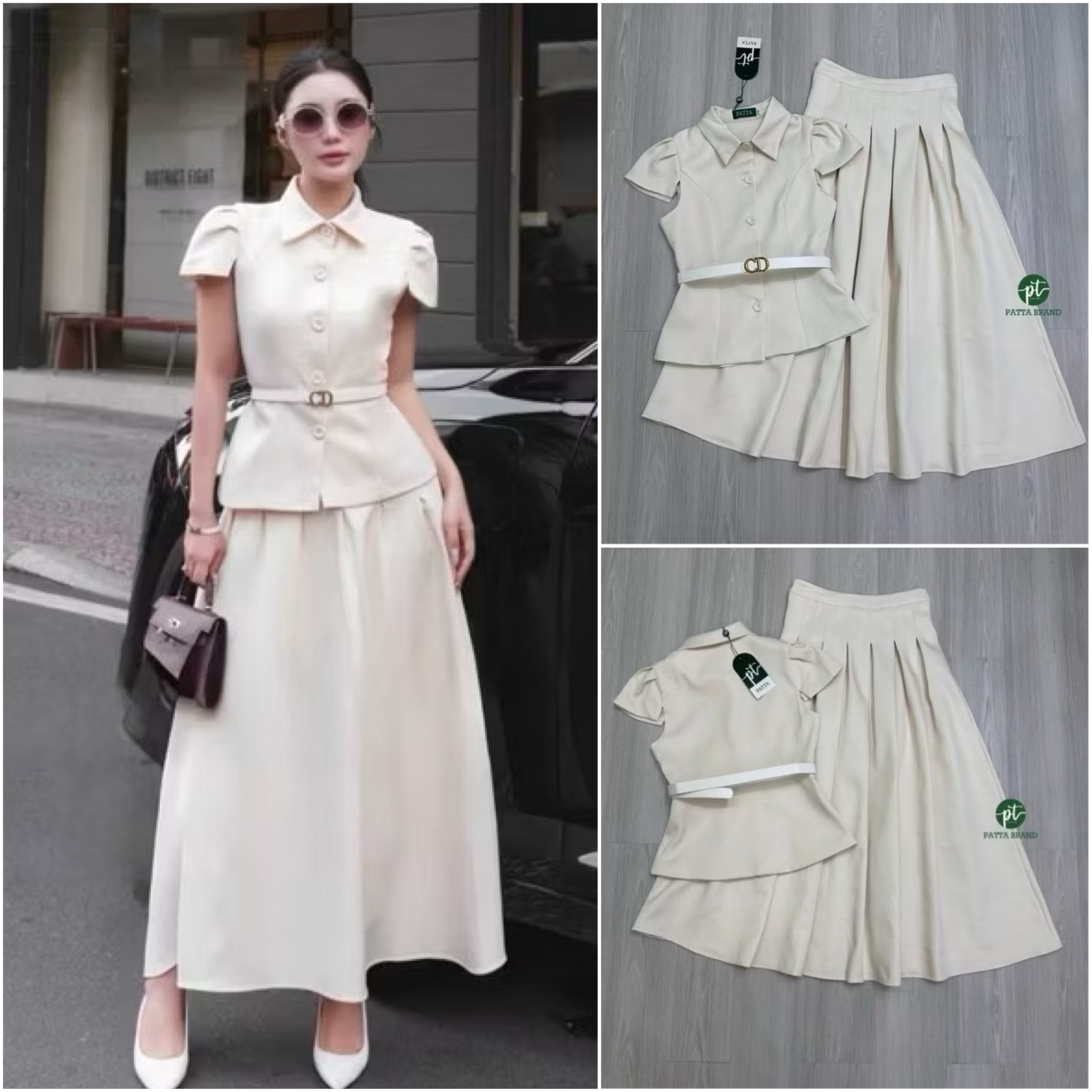 Set 2 ชิ้นเสื้อดีไซน์คอปกแขนสั้น ด้านหน้ามีกระดุมเรียงยาวใช้งานได้จริง ทรงสวย มาคู่กับเข็มขัดสีดำหัวทองใส่ปรับเข้ารูปให้ทรงสวย และมาพร้อมกับกระโปรงยาวจับจีบใหญ่พริ้วรอบตัว มีซิปข้าง ใส่สบาย : สินค้าคุณภาพ (พร้อมส่ง)