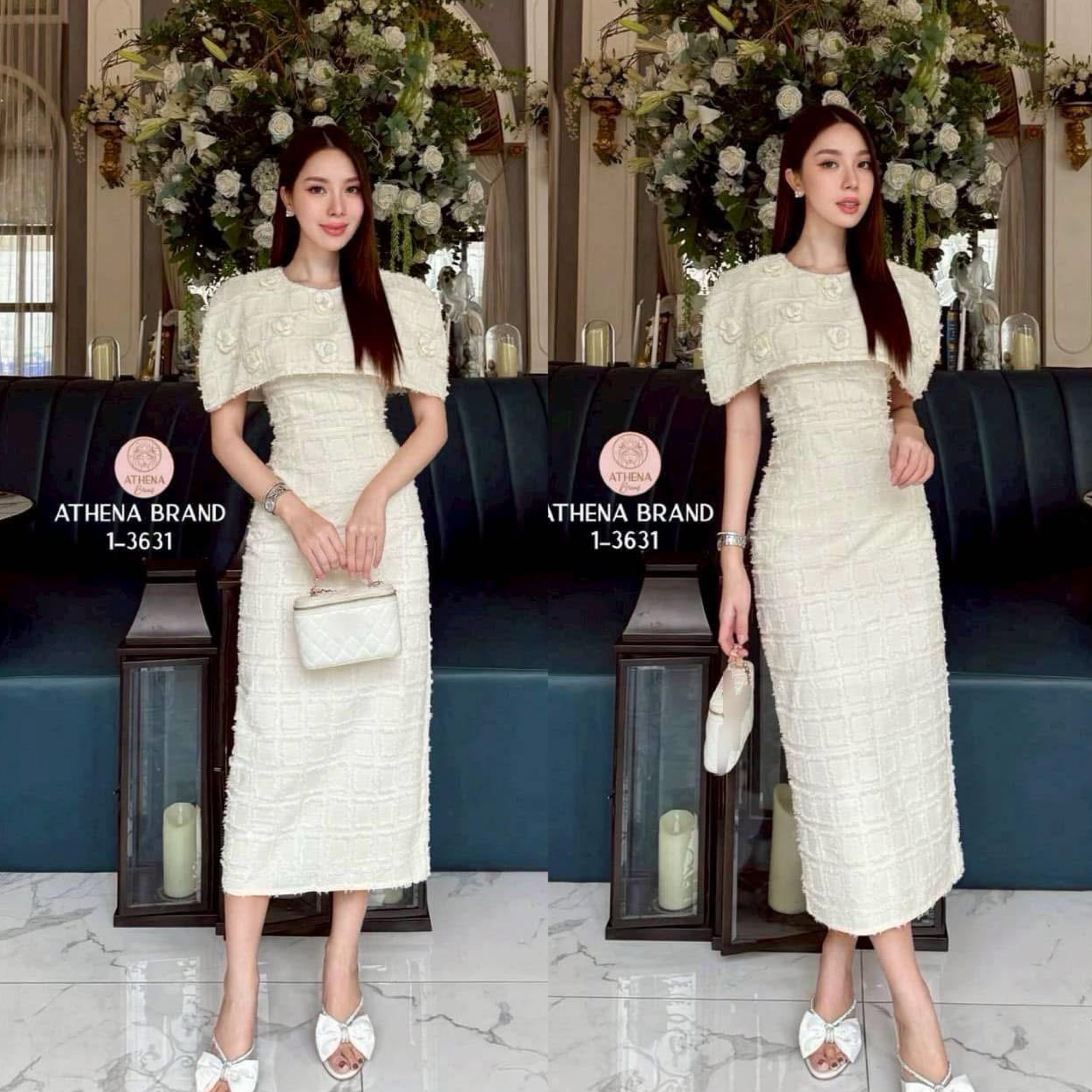 เดรสดีไซน์ทรงคลุมไหล่แต่งอะไหล่ดอกไม้3Dสวยหรูหราโดดเด่น เนื้อผ้าดี๊ดีมีTexture งานมีซับใน ใส่สบาย : สินค้าคุณภาพ (พร้อมส่ง)