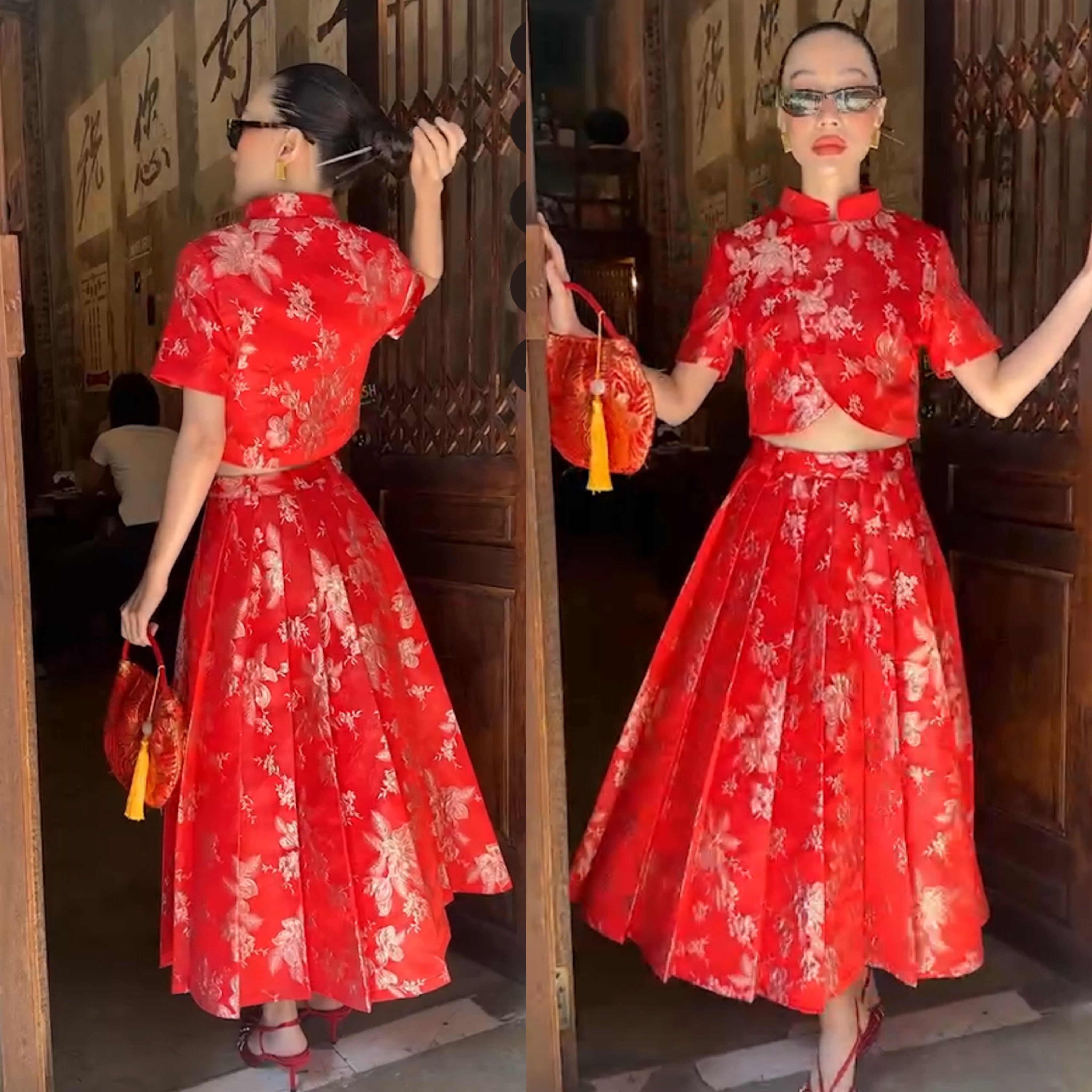 Set เสื้อกี่เพ้าแขนสั้นปักลายดอก + กระโปรงยาวจับจีบ ใส่สบาย : สินค้าคุณภาพ (พร้อมส่ง)