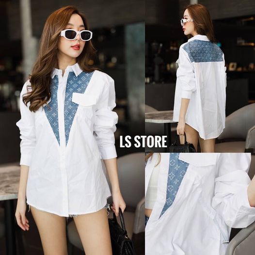 เสื้อเชิ้ตแขนยาวคอปกแต่งกระดุมหน้า ตัดต่อผ้ายีนส์นิ่มทอลาย สองข้างใต้อก มีสายปรับรูดเข้าทรง ใส่ได้หลายสไตล์ : สินค้าคุณภาพ (พร้อมส่ง)