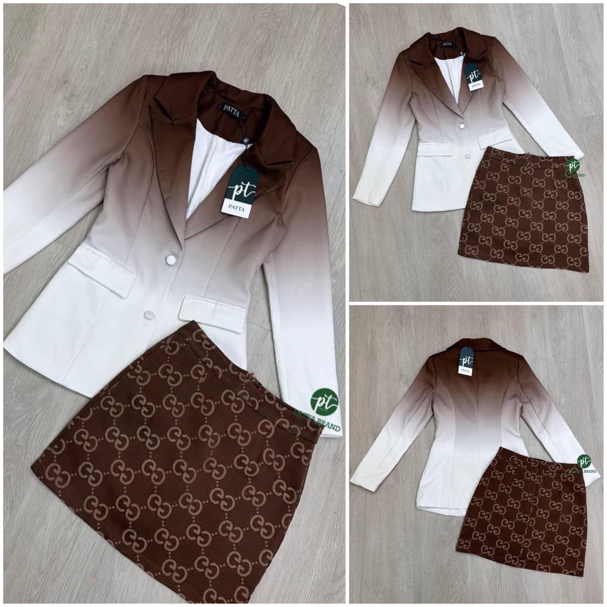Setสูท 2 ชิ้น เสื้อคลุมสูทไล่สีพราสเทล มีกระดุมหน้าและกระเป๋า2ข้าง ใช้งานได้จริง มาคู่กับกระโปรงผ้าทอลายGG สินค้าคุณภาพ (พร้อมส่ง)