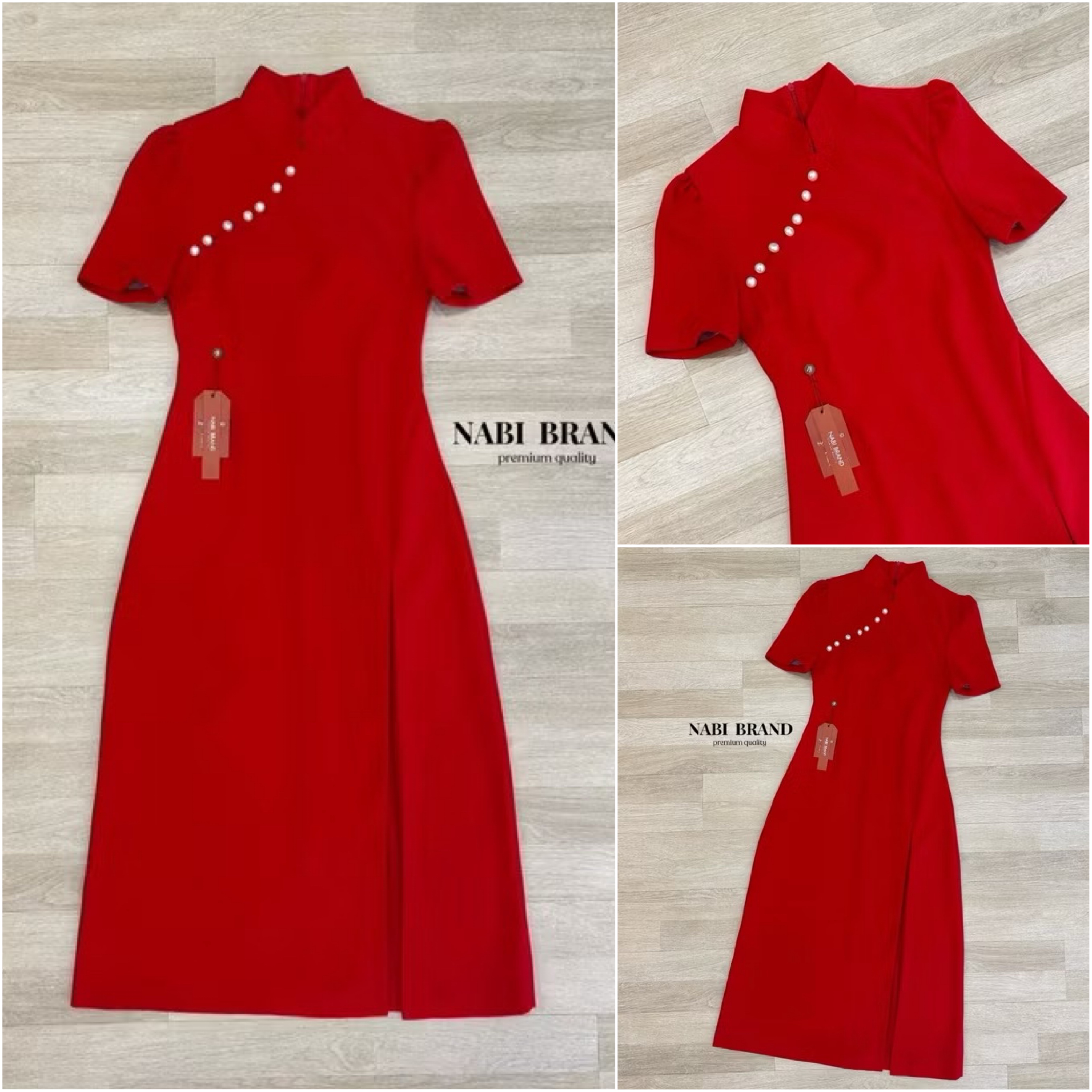 กี่เพ้า คอจีน ตรงอกตกแต่งด้วยมุก ผ่าสูงข้างซ้าย ทรงสวย ใส่สบาย : สินค้าคุณภาพ (พร้อมส่ง)