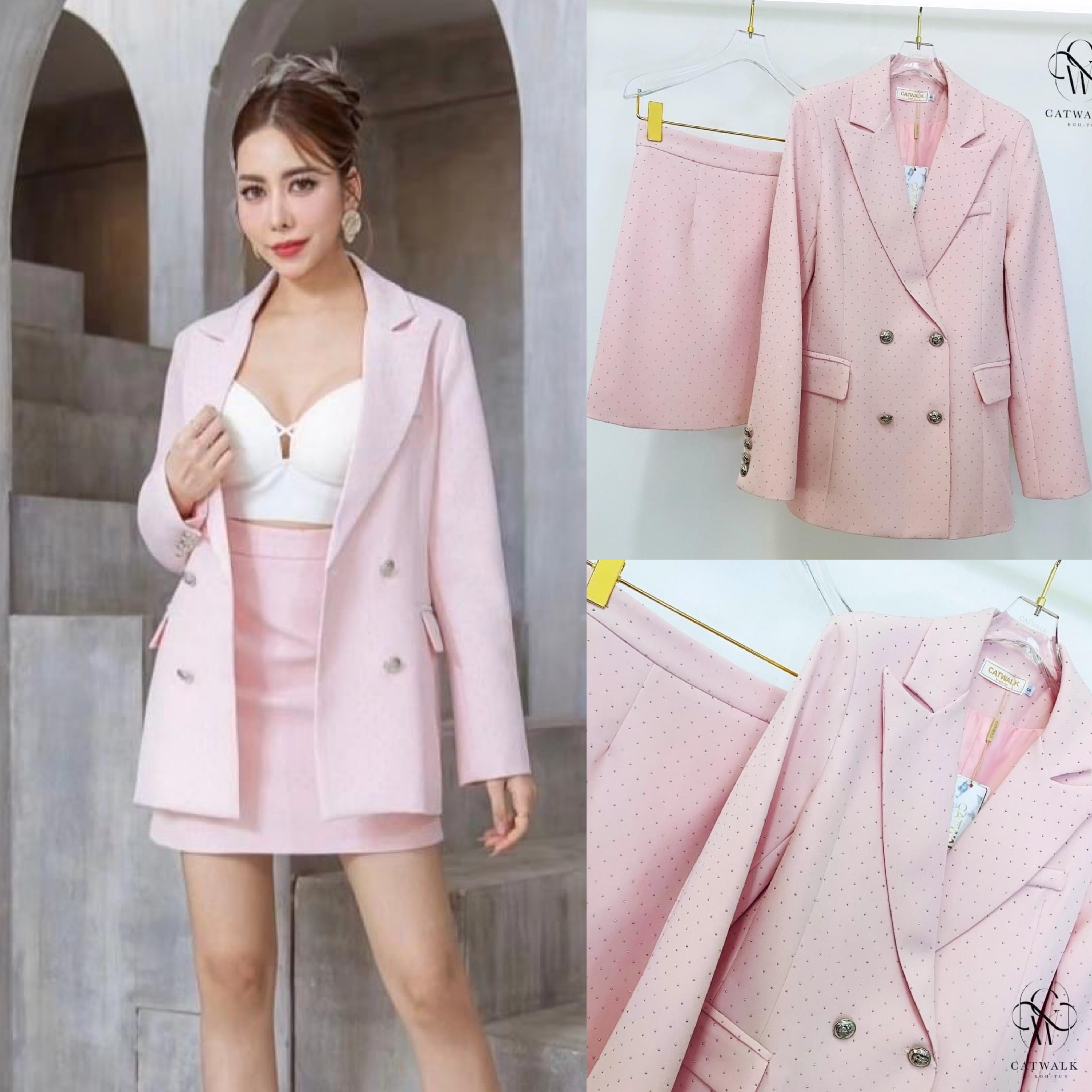 เซตัวสูท แต่งเพชร+กระโปรง เนื้อผ้าเกรดเอ เนื้อผ้ามีเพชร เม็ดเล็กทั้งตัว ใส่สบาย สินค้าคุณภาพ (พร้อมส่ง)