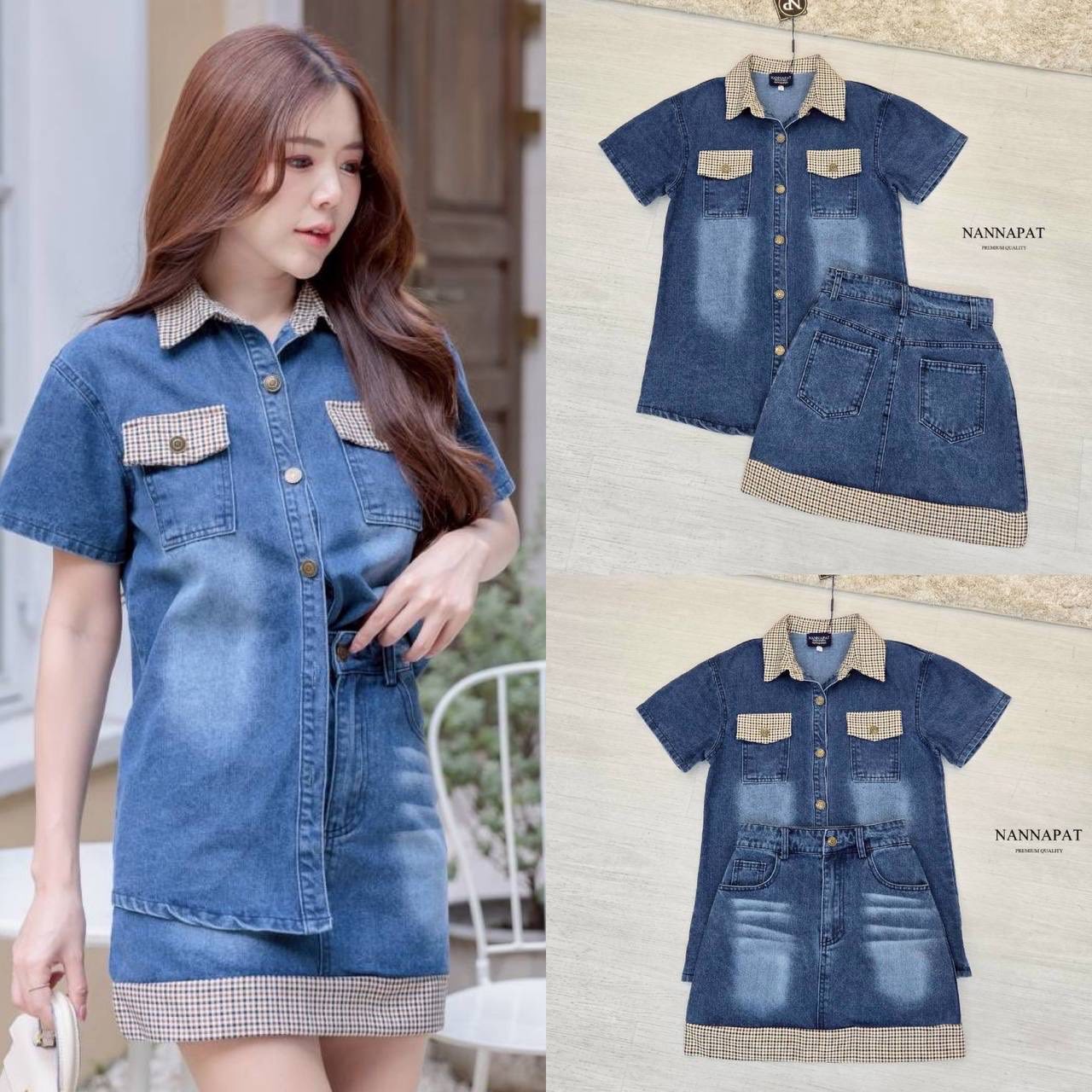 เซตเสื้อ Oversize งานยีนส์ตัดต่อกับผ้าสูทมินิสก็อตอย่างเท่ มาพร้อมกระโปรงทรงสวย เอวสับ พร้อมซับในกางเกง ใส่สบาย : สินค้าคุณภาพ (พร้อมส่ง)