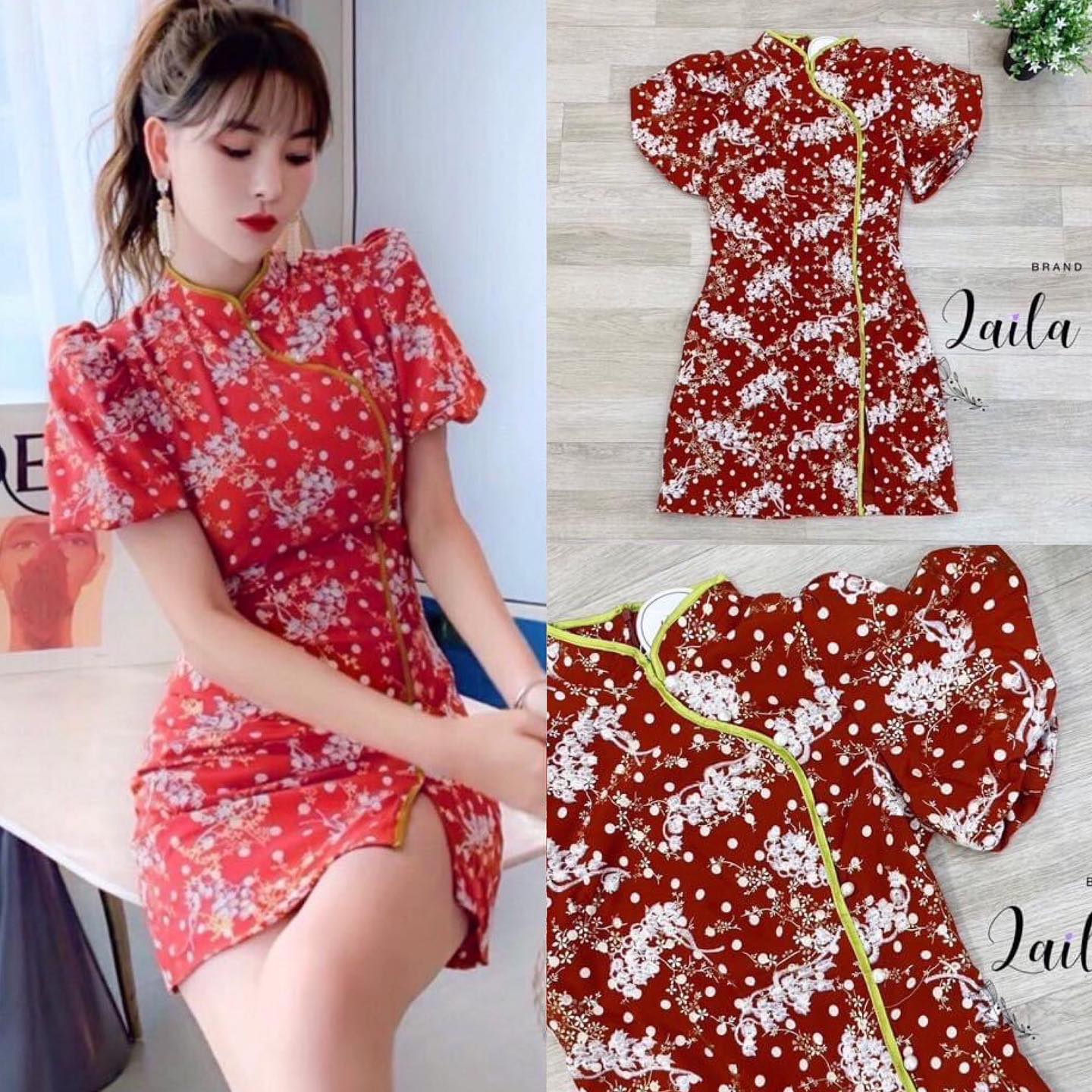 Dressกี่เพ้า ทรงคอจีนงานปัก ด้ายขาวลายดอกแน่นทั้งชุดสลับพิมพ์ ดิ้นลายดอกสีทองสวยมากค่าาาา สินค้าคุณภาพ (พร้อมส่ง)