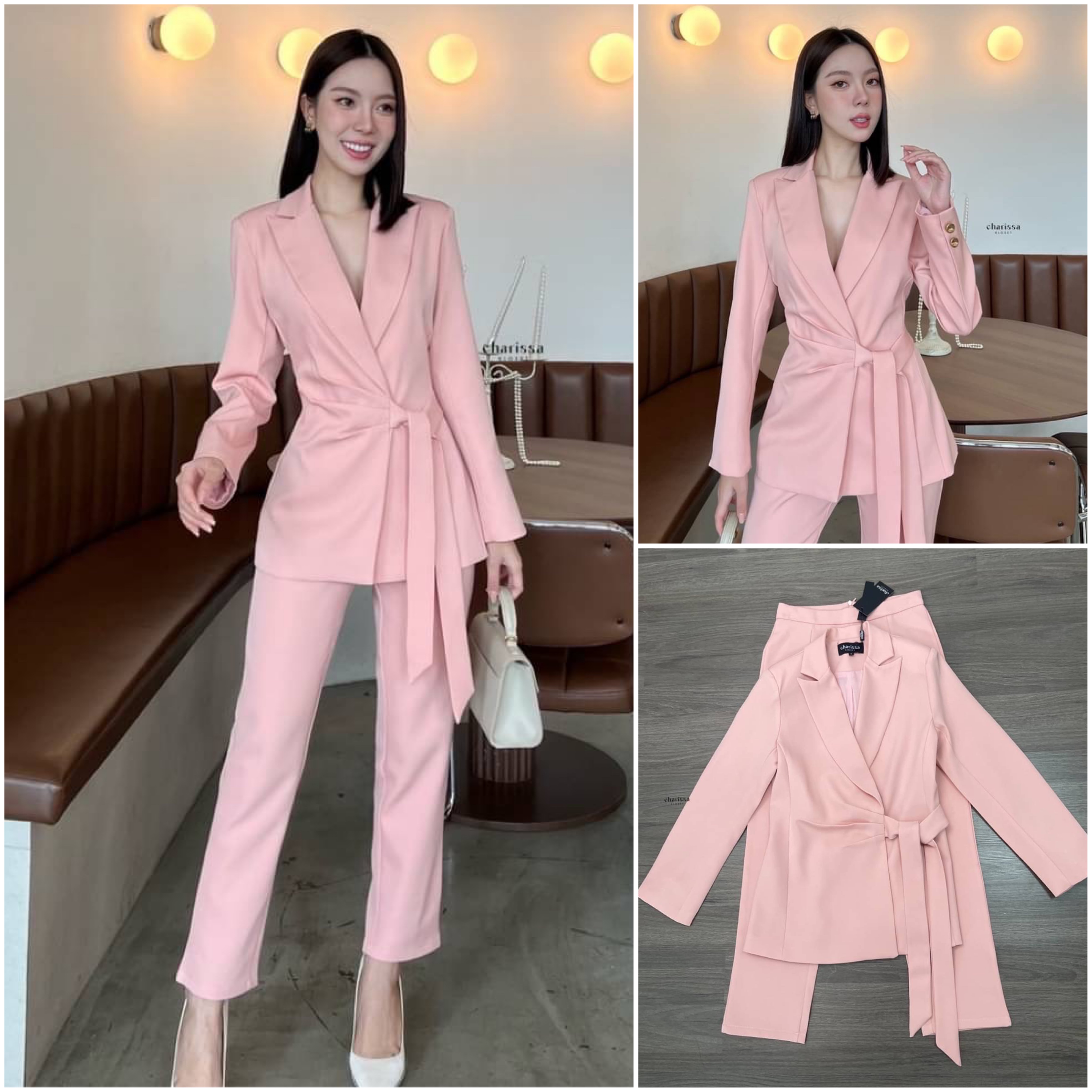 Set suit 2 ชิ้น เสื้อสูททรงยาวเข้ารูป มีเสริมบ่าบางๆ กับสายผูกเอวเย็บติดด้านหน้า พร้อมกางเกงเป็นทรง9 ส่วน สินค้าคุณภาพ (พร้อมส่ง)