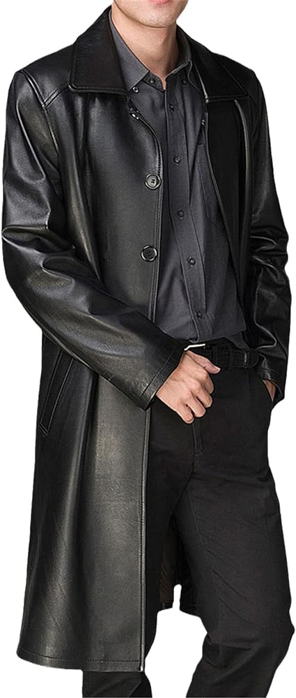 Trench Coat เทรนช์โค้ทชาย ผ้าหนังสีดำ หล่อสุดๆ ติดลบได้