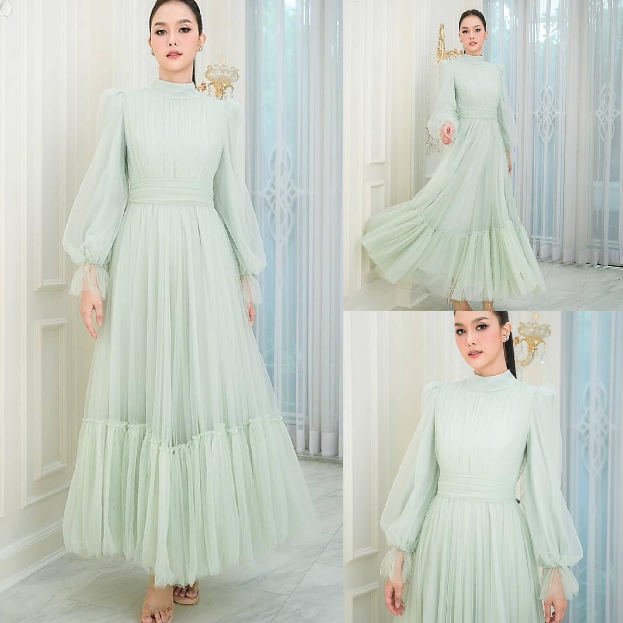 แม็กซี่เดรสเสื้อคอปีนแขนยาว กระโปรงบาน ต่อชายรูดระบายรอบตัว มีโบว์ผูกเอว คัตติ้ง ประณีต ใส่สบาย สินค้าคุณภาพ (พร้อมส่ง)