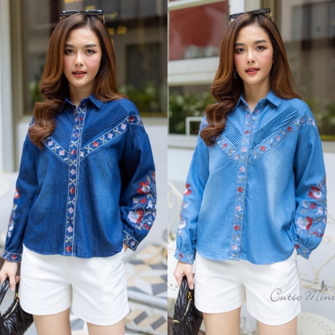 เสื้อยีนส์แท้เกรดพรีเมี่ยม เนื้อผ้าหนากำลังดีผ้าดีค่ะ ดีเทลตีเกล็ดช่วงอก เพิ่มความเก๋ด้วยงานปักดอกไม้ : สินค้าคุณภาพ (พร้อมส่ง)