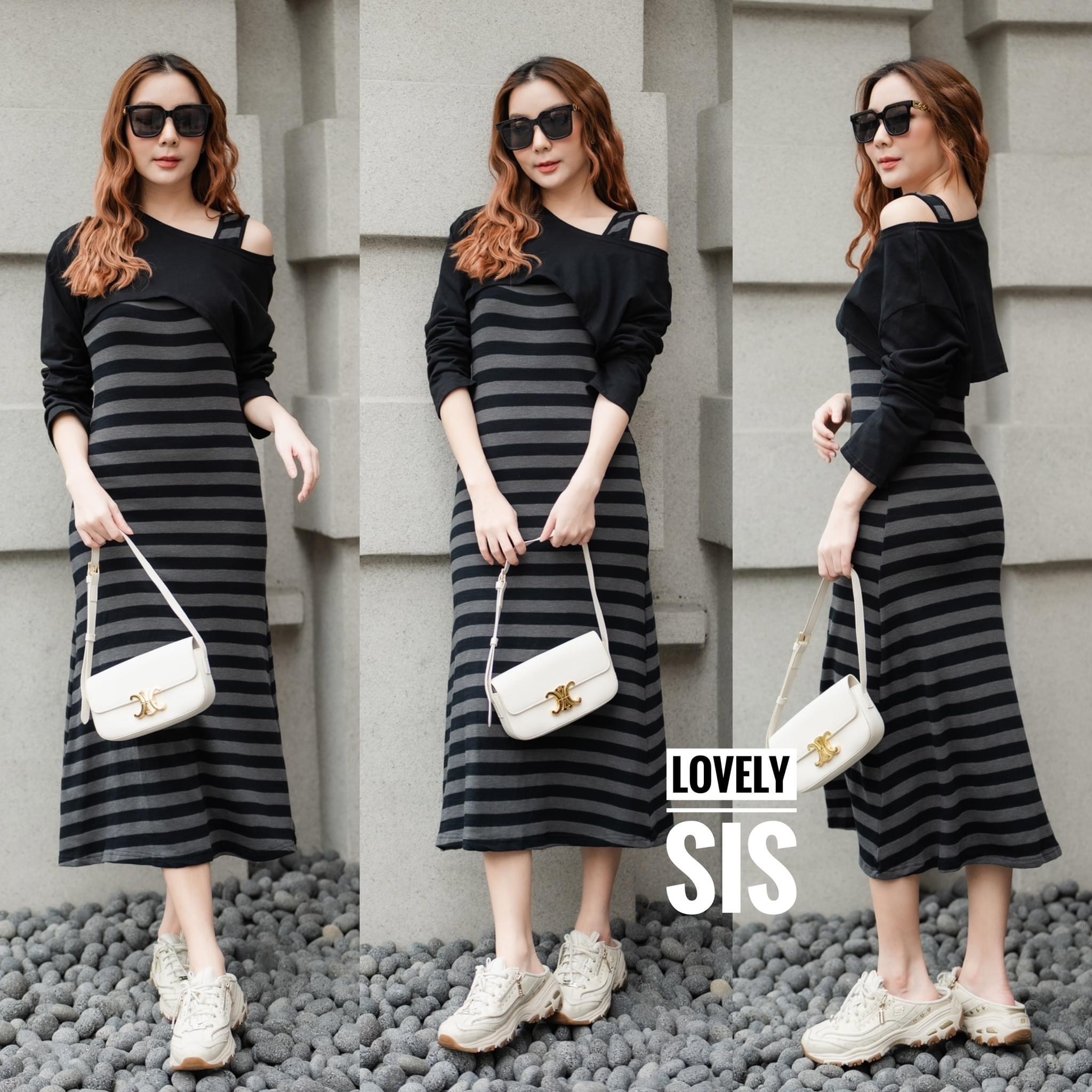 Set 2 pcs เดรสกล้ามตัวยาวผ้า knit เนื้อบางทอลายริ้ว มาพร้อมเสื้อยืดแขนยาวตัวนอก ใส่คลุมแบบปิดไหล่หรือเปิดไหล่ได้ตามชอบ ใส่สบาย สินค้าคุณภาพ (พร้อมส่ง)