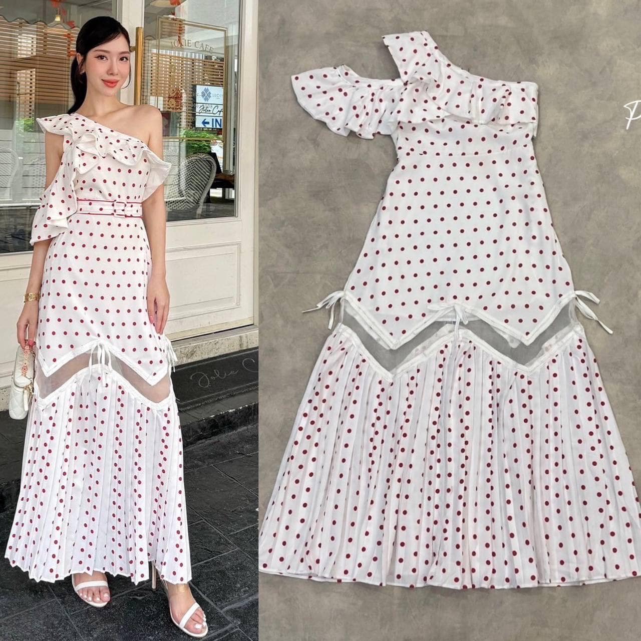 เดรสไหล่เดียวสีขาวลายจุดสีแดง มาพร้อมเข็มขัดเข้าเซ็ต ใส่สบาย : สินค้าคุณภาพ (พร้อมส่ง)