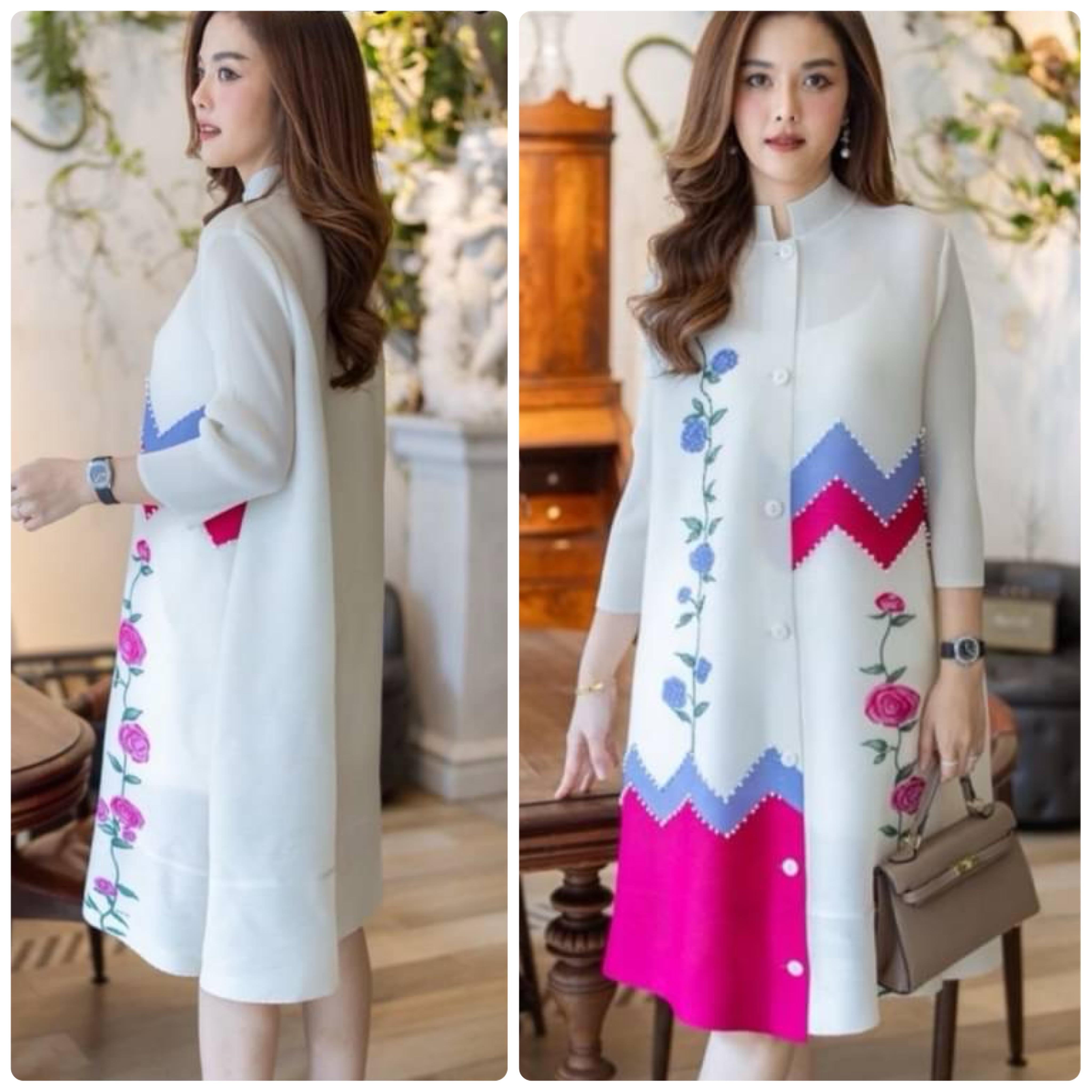 เดรสผ้าอัดพลีท Premium Pleatd Fabric ดีเทลสวยๆพิมพ์ลายประดับด้วยเพชรสุดหรู และมุก ใส่สบาย : สินค้าคุณภาพ (พร้อมส่ง)