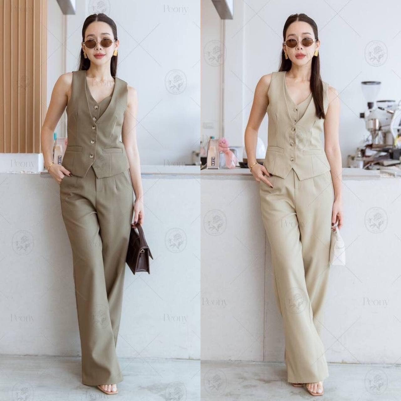 เซต 2 ชิ้น เสื้อกั๊กกระดุมหน้า เลเยอร์ 2 ชั้น ชุดเซตพร้อมกางเกงขายาว ใส่สบาย : สินค้าคุณภาพ (พร้อมส่ง)