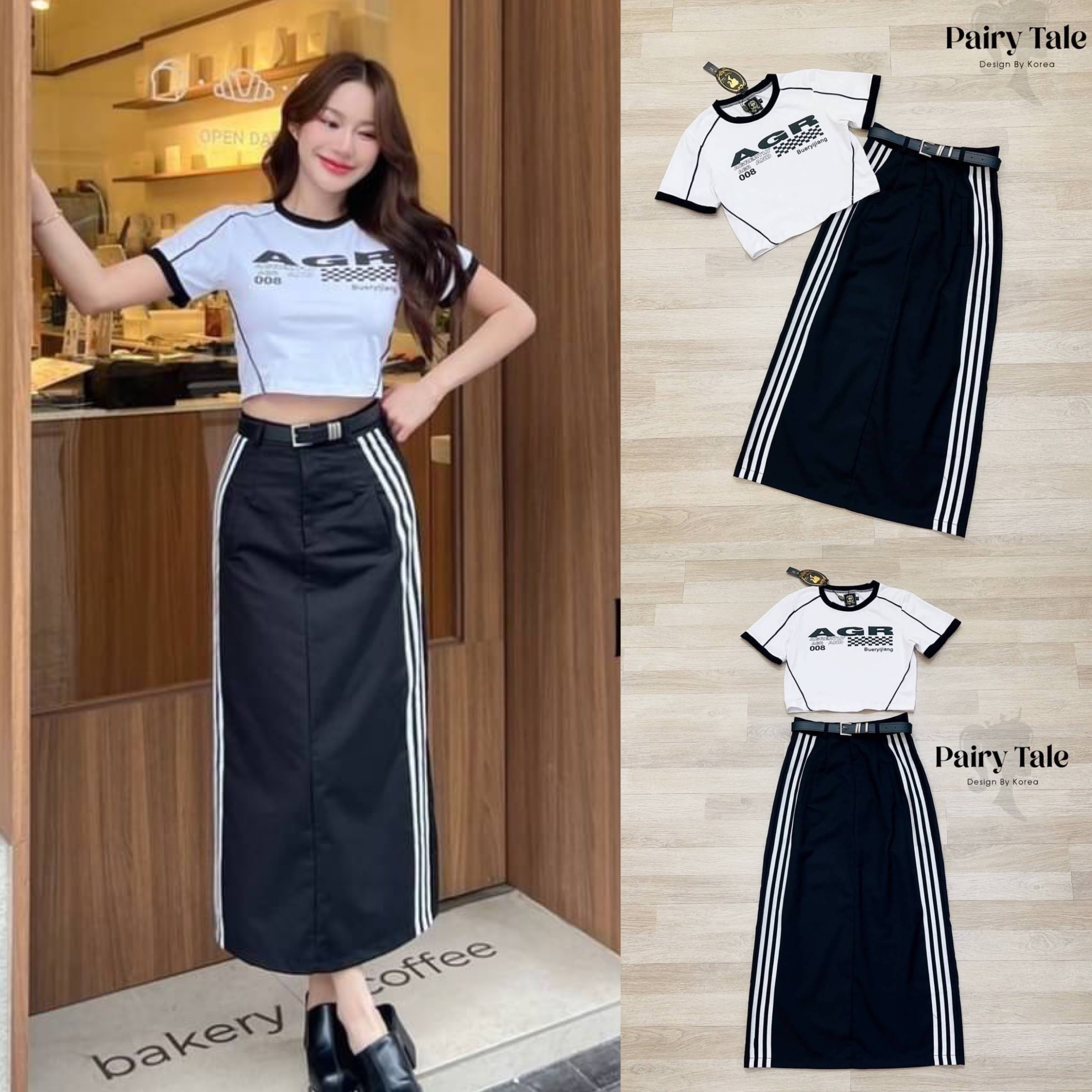 Set 3ชิ้น เสื้อยืดสีขาวขอบดำสกรีนลาย แมตกระโปรงทรงAยาวแต่งแถบสีขาว แมตเข็มขัดเข้าเซ็ต สินค้าคุณภาพ (พร้อมส่ง)