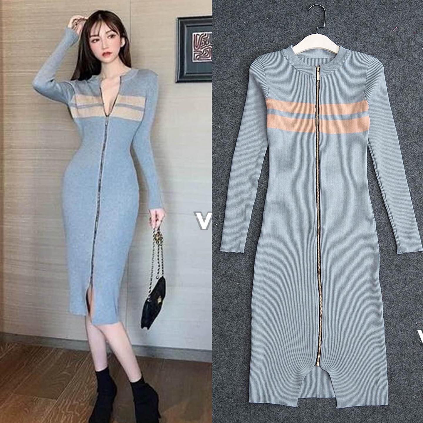 ชุดเดรสไหมพรมเนื้อร่องนิ่ม ซิปทองด้านหน้า เข้ารูปเซกซี่ สินค้าคุณภาพ (พร้อมส่ง)