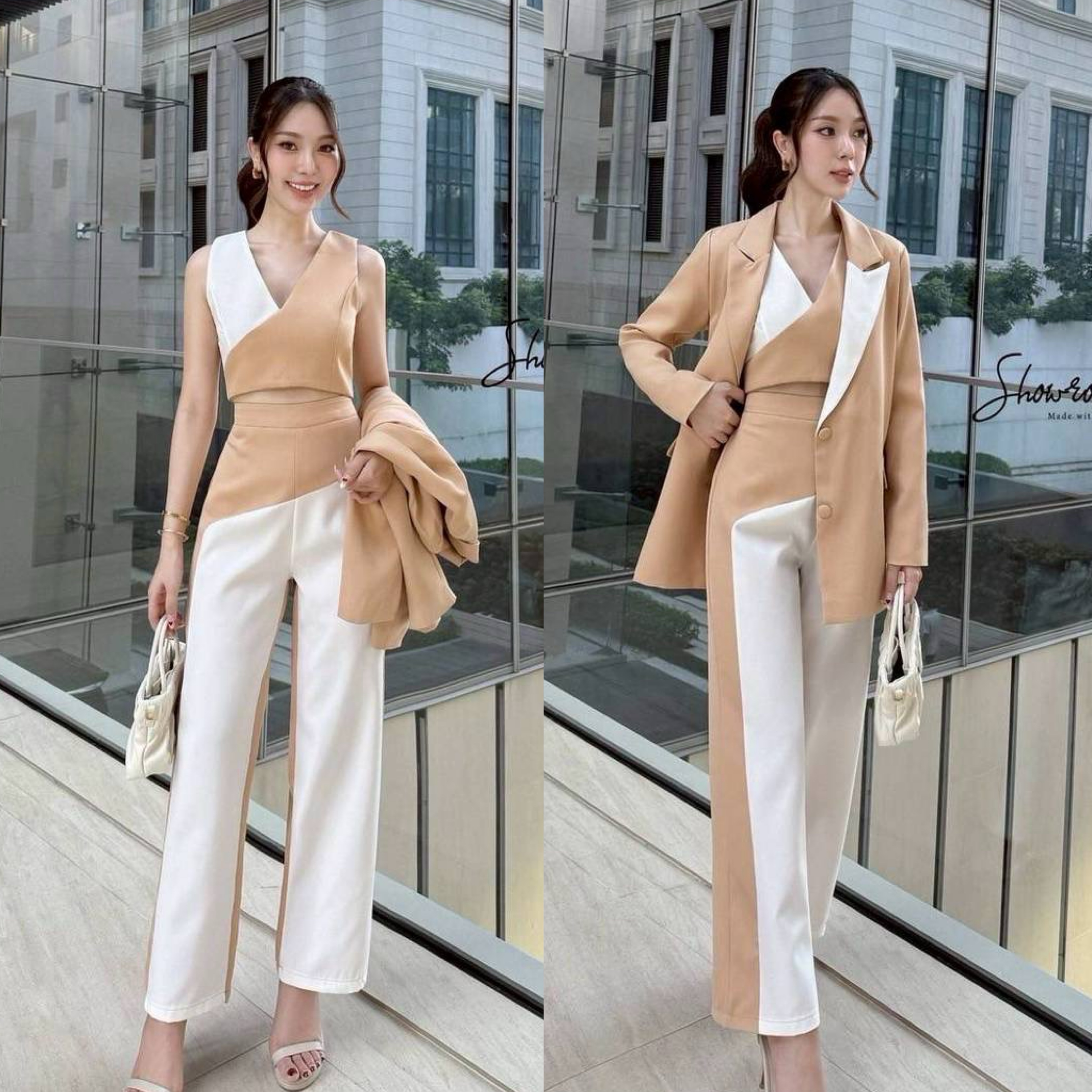 เซ็ต 3ชิ้น เบรเซอร์แขนยาวทรงสวย ครอปแขนกุดดีไซน์เก๋เล่นสีทูโทน และกางเกงขายาวเข้าเช็ต ใส่สบาย : สินค้าคุณภาพ (พร้อมส่ง)