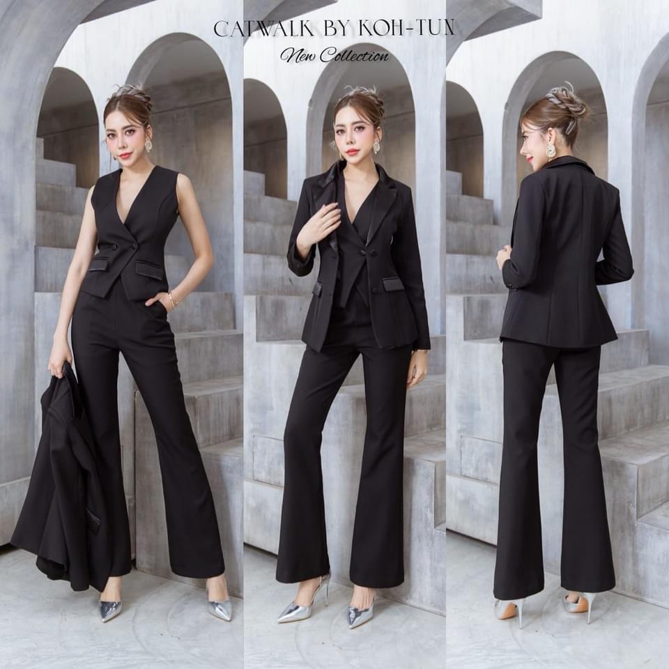 เซตBLAZER 3 ชิ้น เสื้อกั๊กครอปแขนกุด ทรงเข้ารูปคอวี ตัวBLAZERแล้วดูเท่ห์ มาก +กางเกงทรงขาขาม้า ใส่สบาย สินค้าคุณภาพ (พร้อมส่ง)