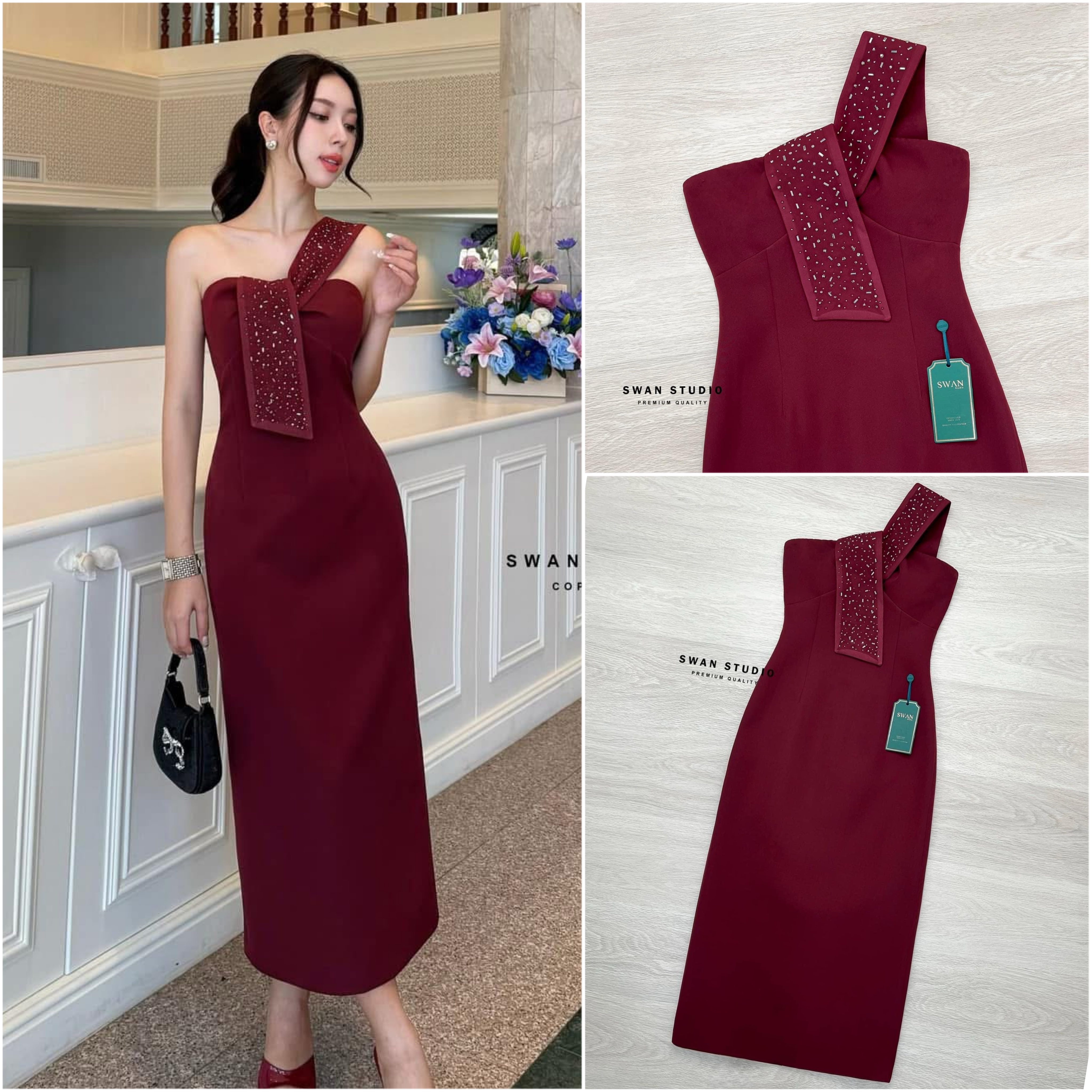 เดรสชมพูยาว สายปาดข้างเดียว ตรงอกทีรูสำหรับร้อยสาย ตรงสายแต่งประดับด้วยเพชร ด้านหลังผ่าให้เดินง่าย ใส่สบาย : สินค้าคุณภาพ (พร้อมส่ง)