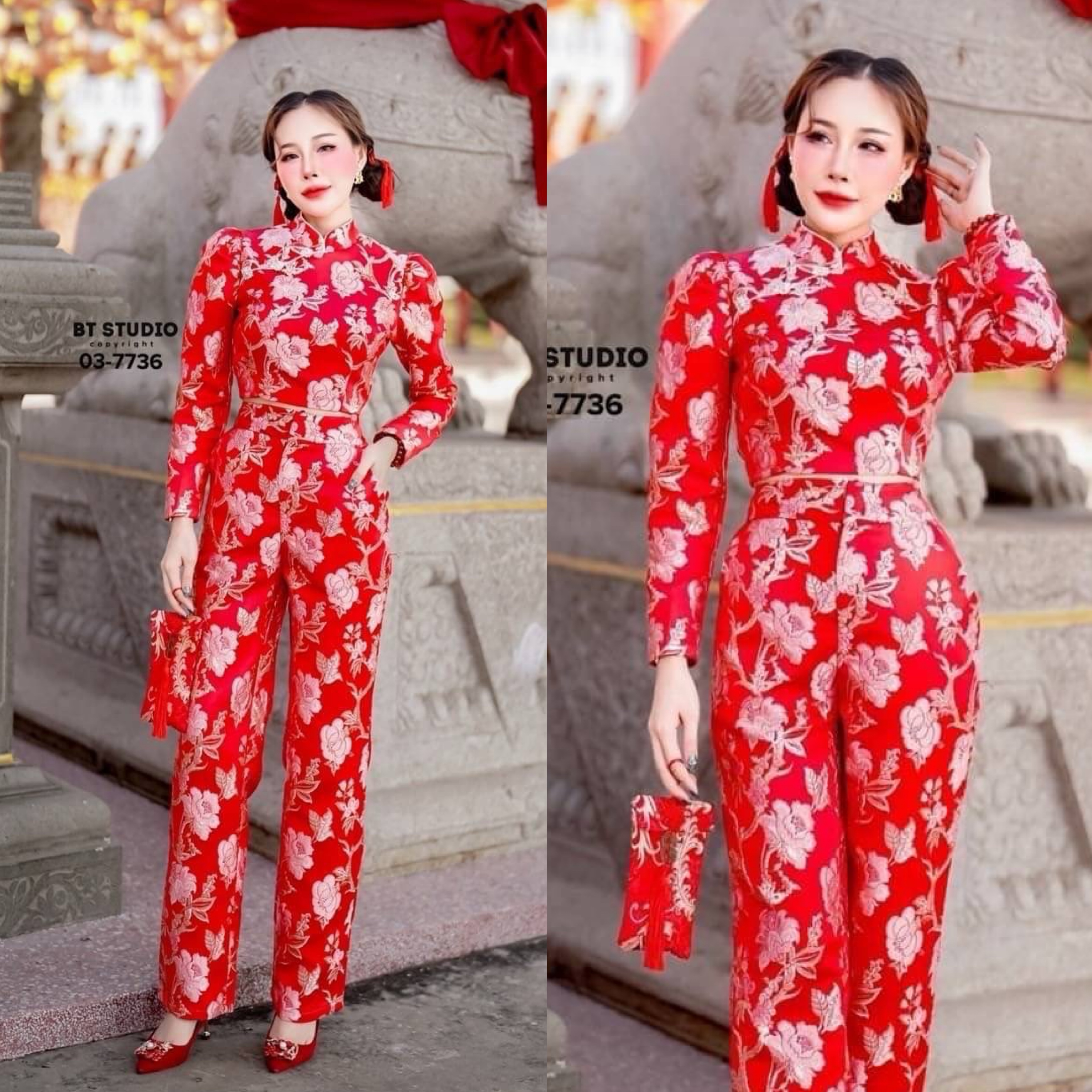 เซท 2 ชิ้น เสื้อครอปสั้นแขนยาวคอจีน แต่งกระดุมเพชร แมทซ์กับกางเกงขายาว งานผ้าทอลายดอกกุหลายปักสวยงามมาก ใส่สบาย : สินค้าคุณภาพ (พร้อมส่ง)