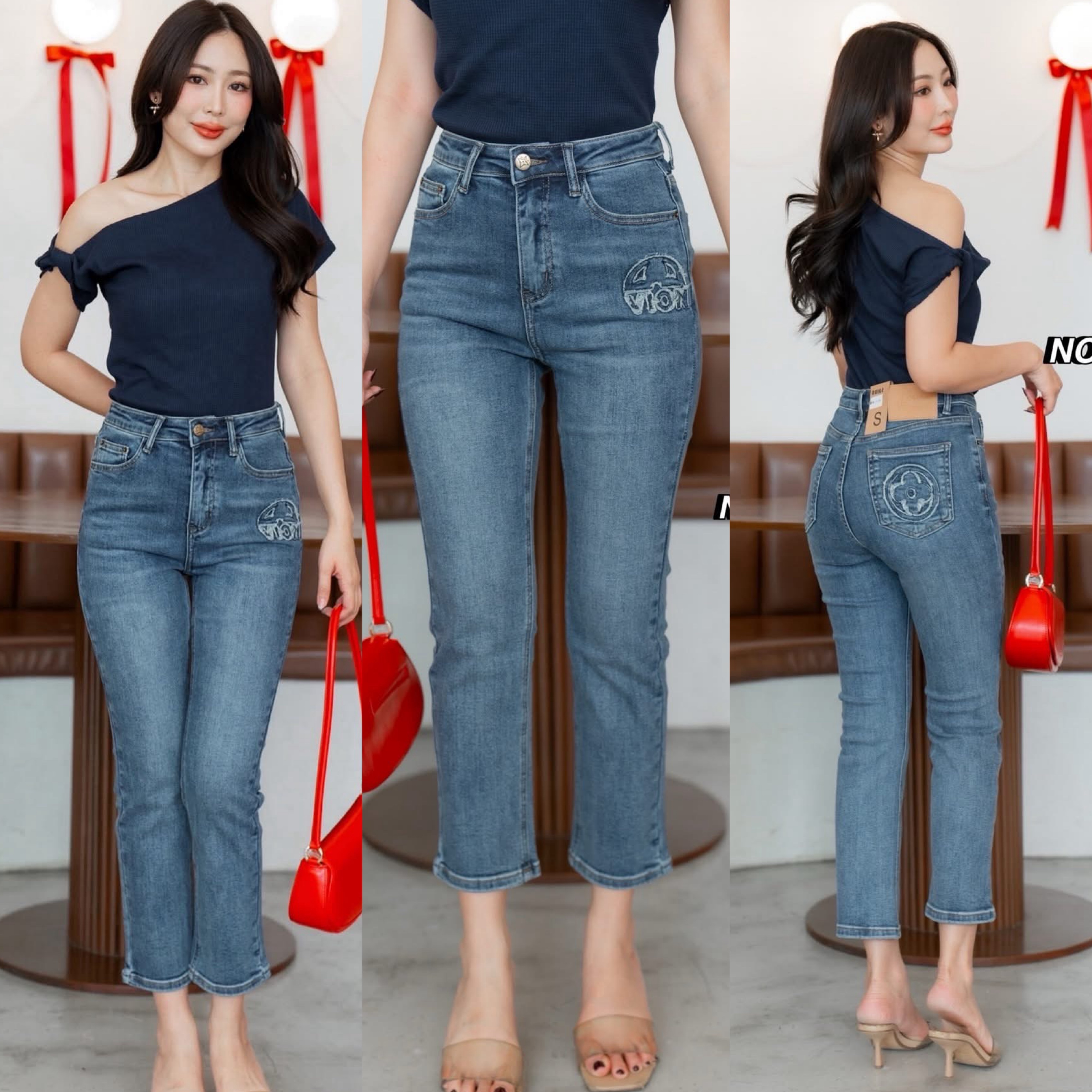 กางเกงยีนส์ขา8ส่วน ทรงขาตรง เอวสูงงง ผ้ายีนส์ยืดเนื้อดีมาก นิ่มสุดๆ ฟอกสีสวย ใส่สบาย : สินค้าคุณภาพ (พร้อมส่ง)