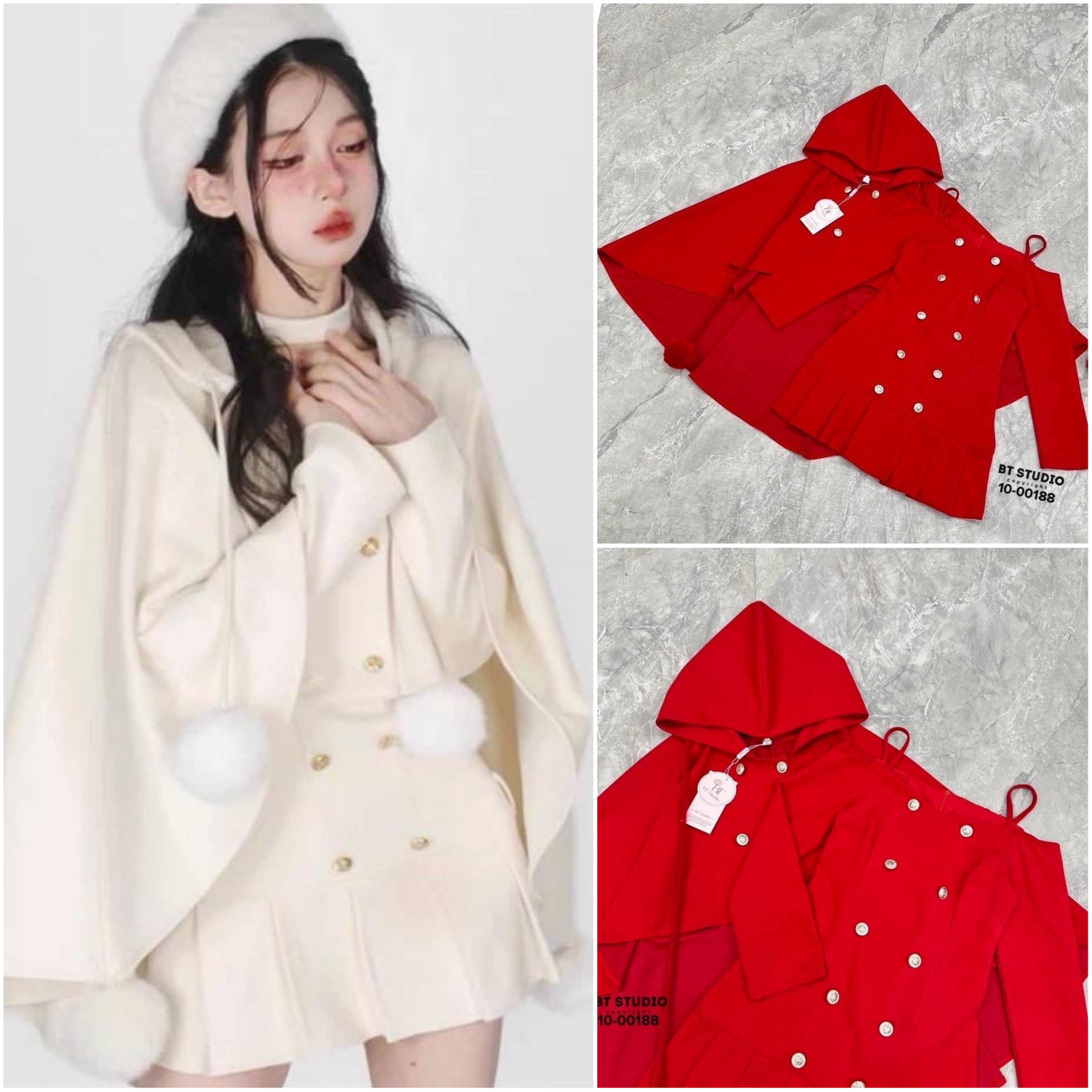 เซท 2 ชิ้น เสื้อคลุมแต่งฮูดกระดุมหน้า หน้าสั้นหลังยาว แมทซ์กับเดรสสายเดี่ยวปาดไหล่แต่งแขนยาว สินค้าคุณภาพ (พร้อมส่ง)