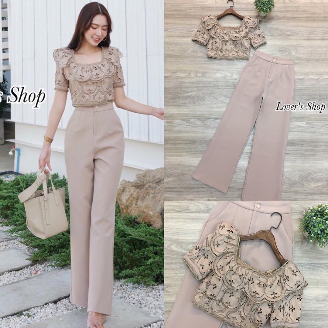 Set.2ชิ้น เสื้อลูกไม้แขนตุ๊กตา ทรงน่ารัก แม็ทกับกางเกงเอวสูงทรงสวย ผ้าลูกไม้เนื้อดีซับในทั้งตัว งานซิบหลัง อกเสริมฟองน้ำ . สินค้าคุณภาพ (พร้อมส่ง)